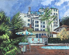 Poolside du château de Marmont, peinture originale inspirée de l'architecture de l'hôtel emblématique