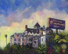 Tramonto allo Chateau - Dipinto a olio su tela: paesaggio astratto di Los Angeles dai toni freddi