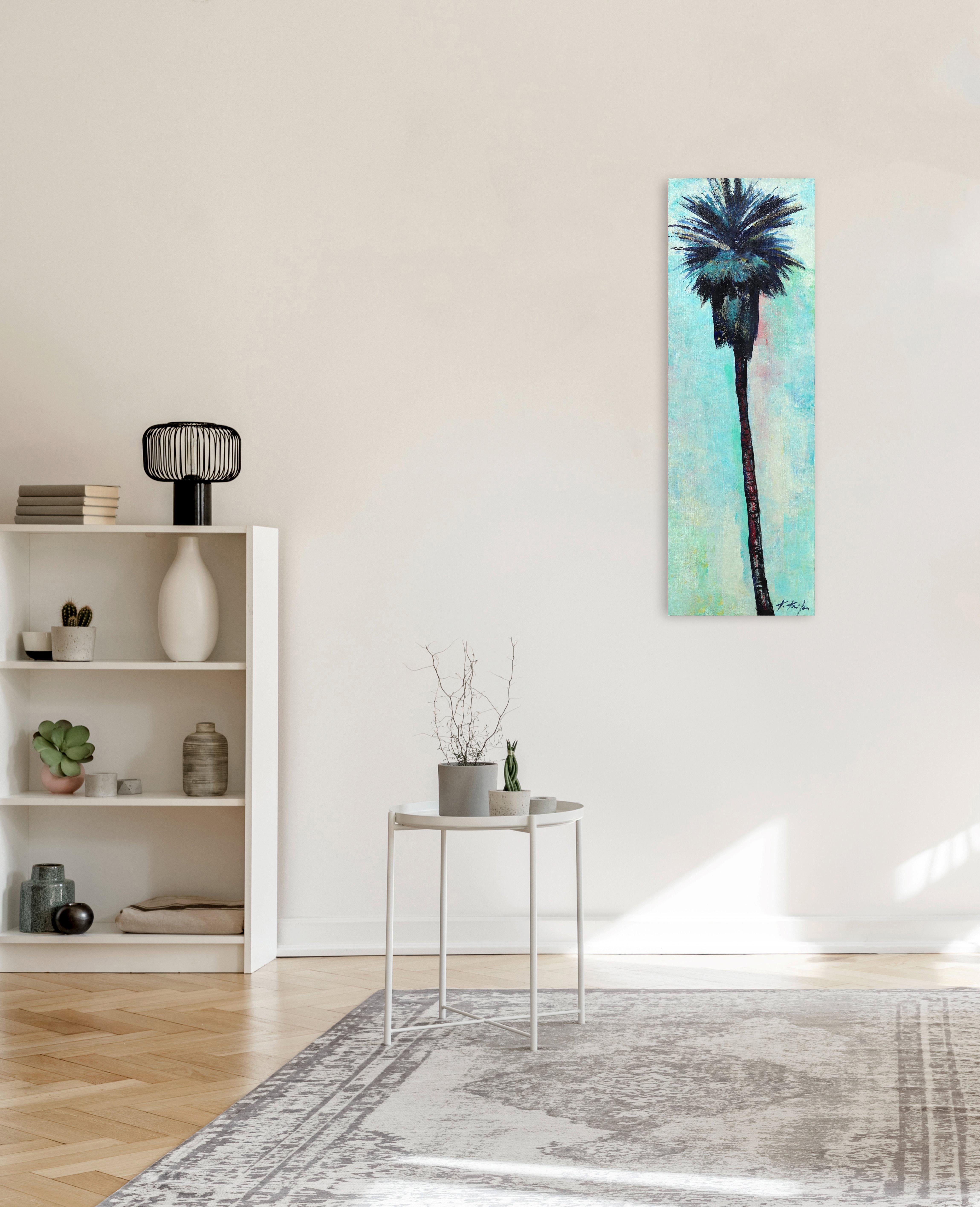 Easy Green - Quadro originale di palme su cielo turchese - Painting di Kathleen Keifer