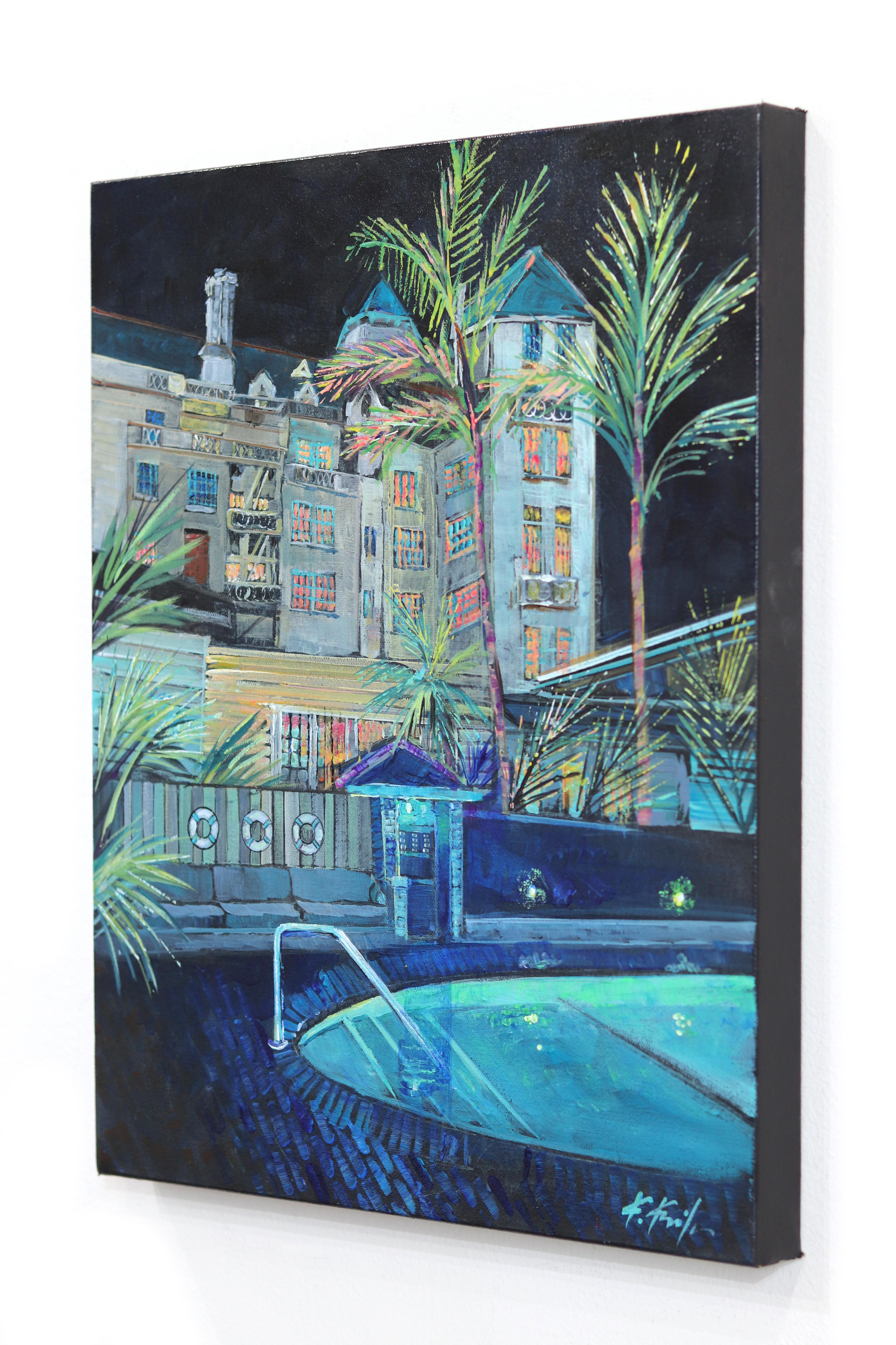 Electric Blues at the Chateau - Nature morte originale d'un hôtel d'Hollywood - Bleu Landscape Painting par Kathleen Keifer