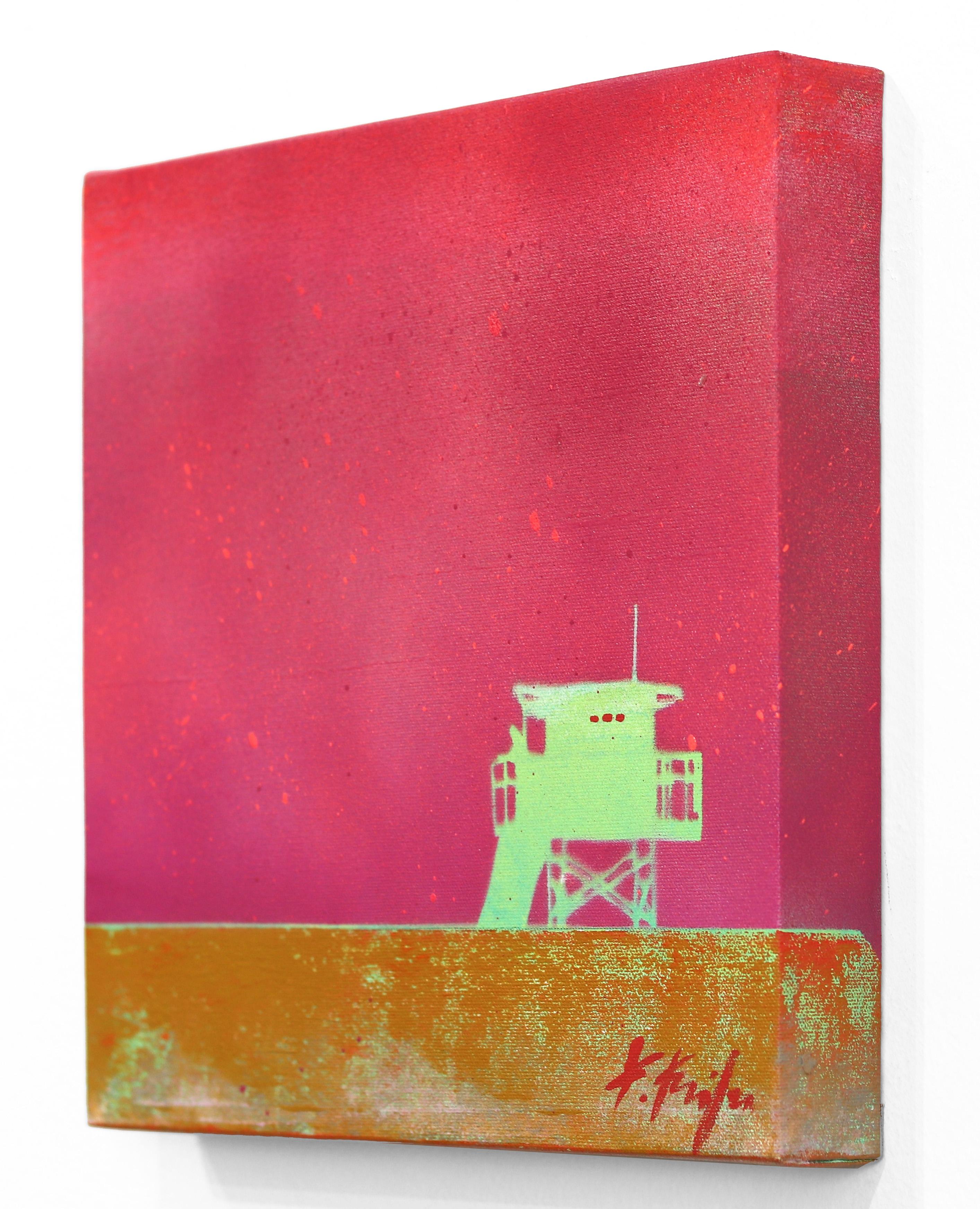 Feeling Pink - Lifeguard Stand on Beach Original Pop Art Oceanscape Sky Painting For Sale 2