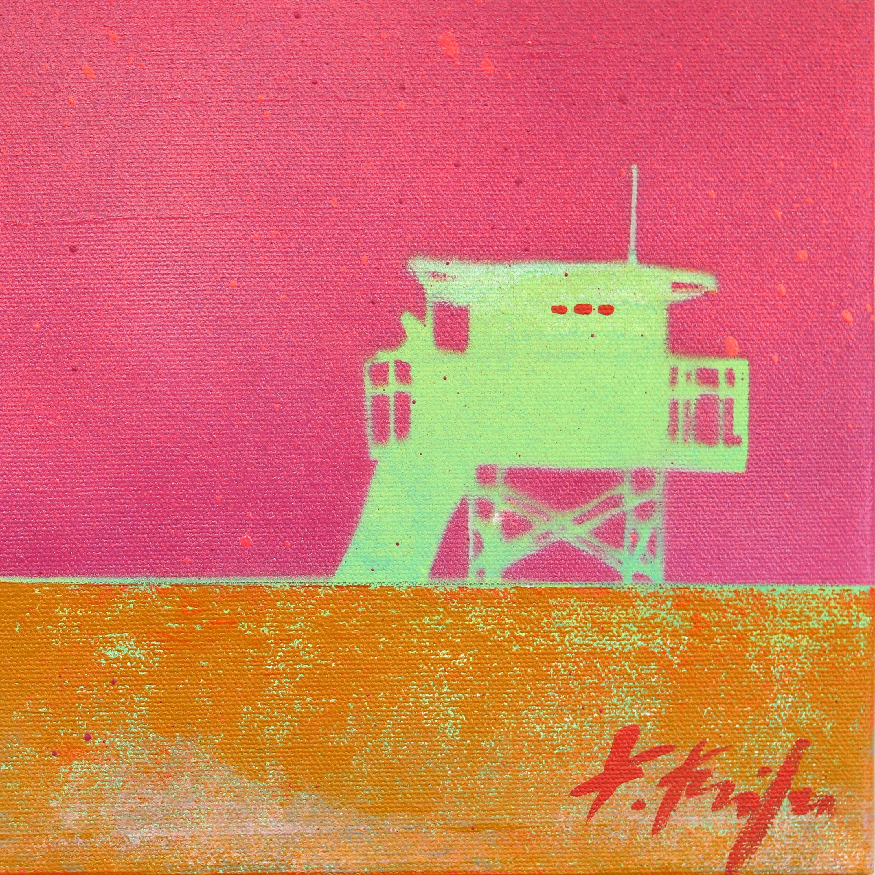 Feeling Pink - Lifeguard Stand on Beach Original Pop Art Oceanscape Sky Painting For Sale 6