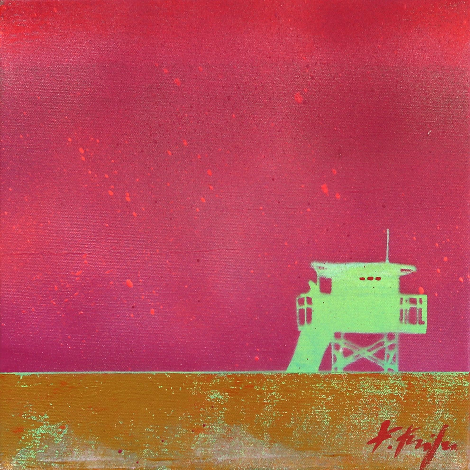 Kathleen Keifer Landscape Painting - Feeling Pink - Lifeguard Stand on Beach Original Pop Art Oceanscape Sky Painting