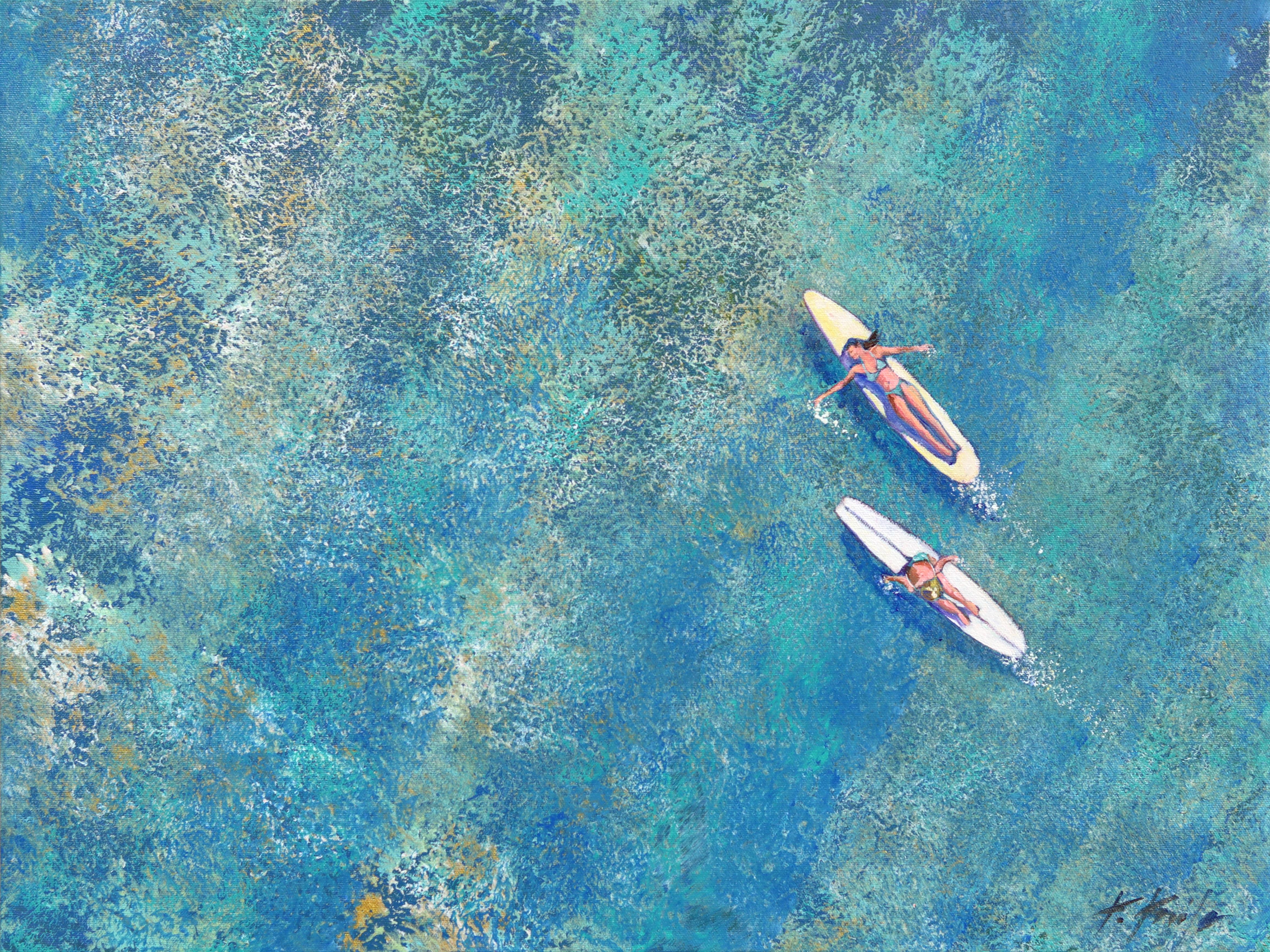 Good Vibrations - Figurative Abstract Ocean Surfers Still Life Acrylic Painting
