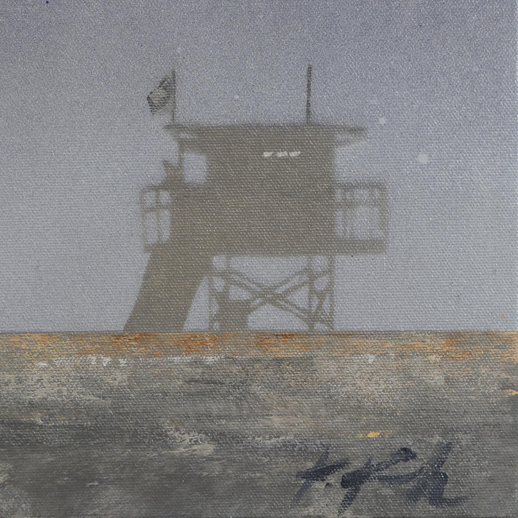 June Gloom -Moody Lifeguard Stand on Beach Original Oceanscape Painting For Sale 5