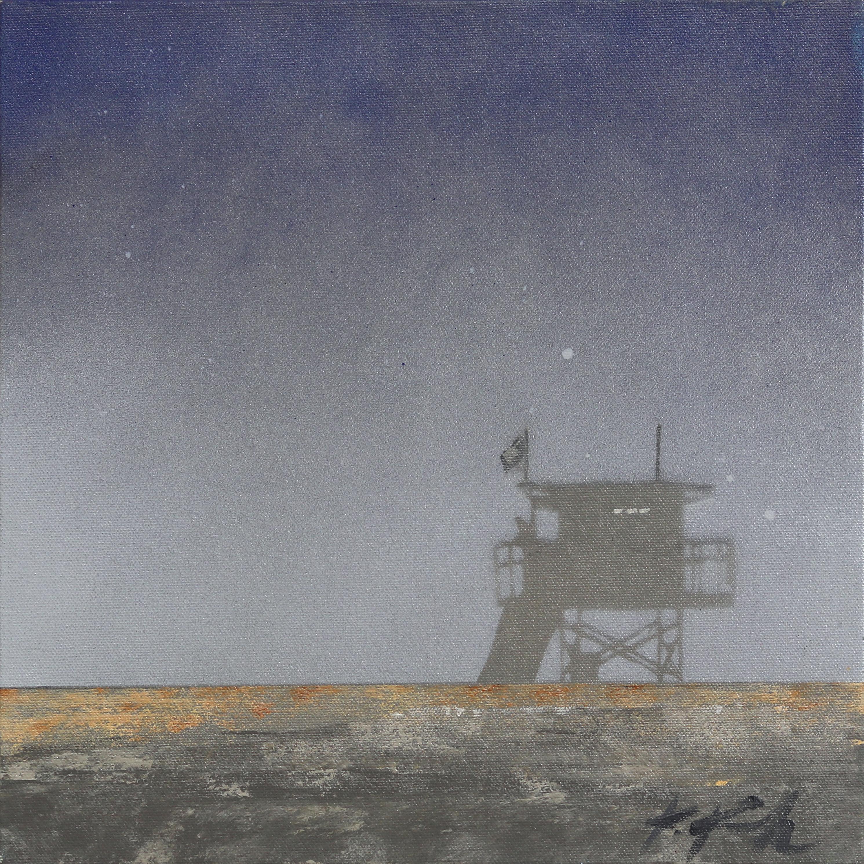 Kathleen Keifer Landscape Painting - June Gloom -Moody Lifeguard Stand on Beach Original Oceanscape Painting