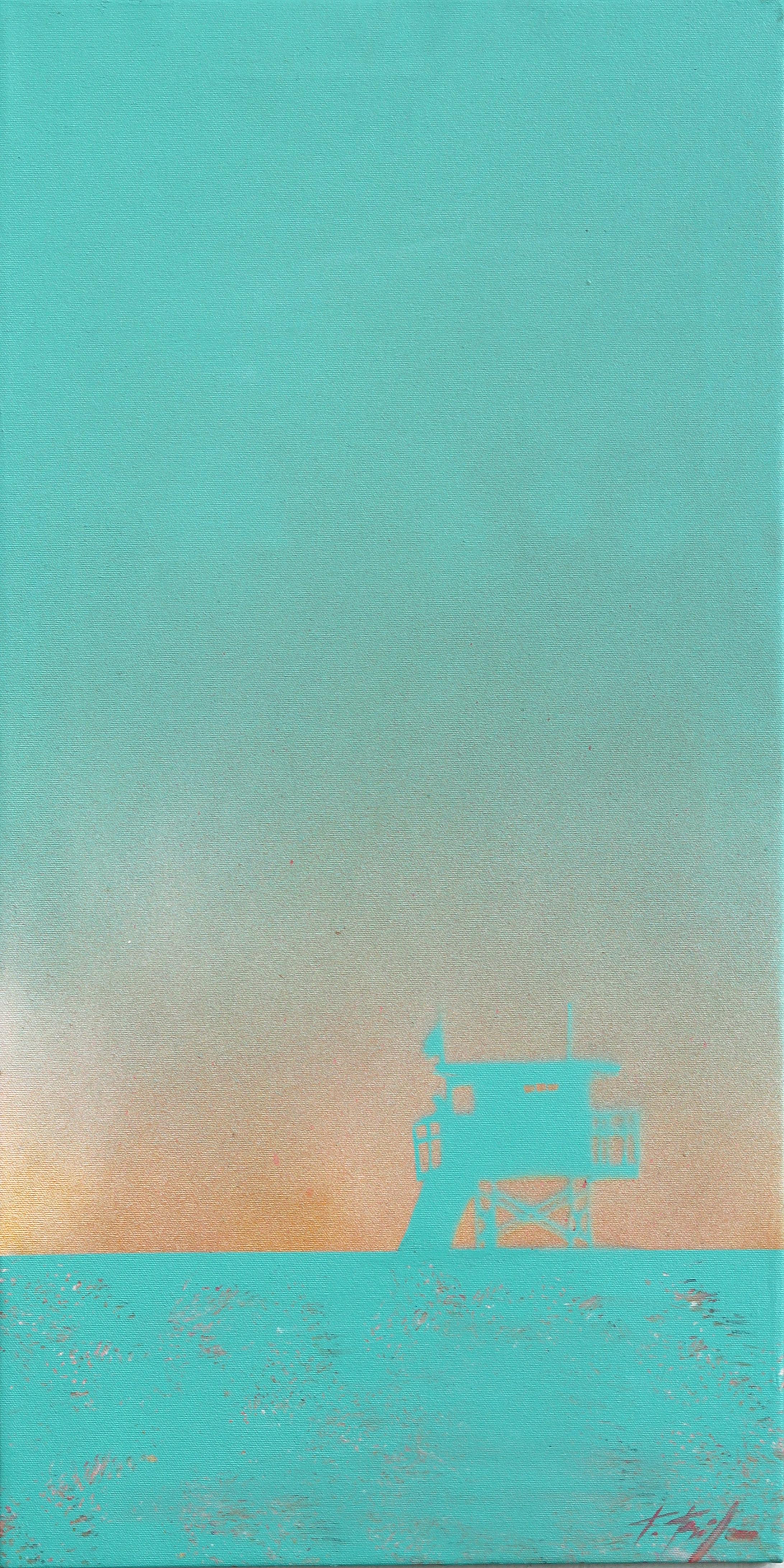 Still-Life Painting de Kathleen Keifer - Amanecer en Los Ángeles - Pintura acrílica abstracta de naturaleza muerta en tono teal de escena de playa degradada