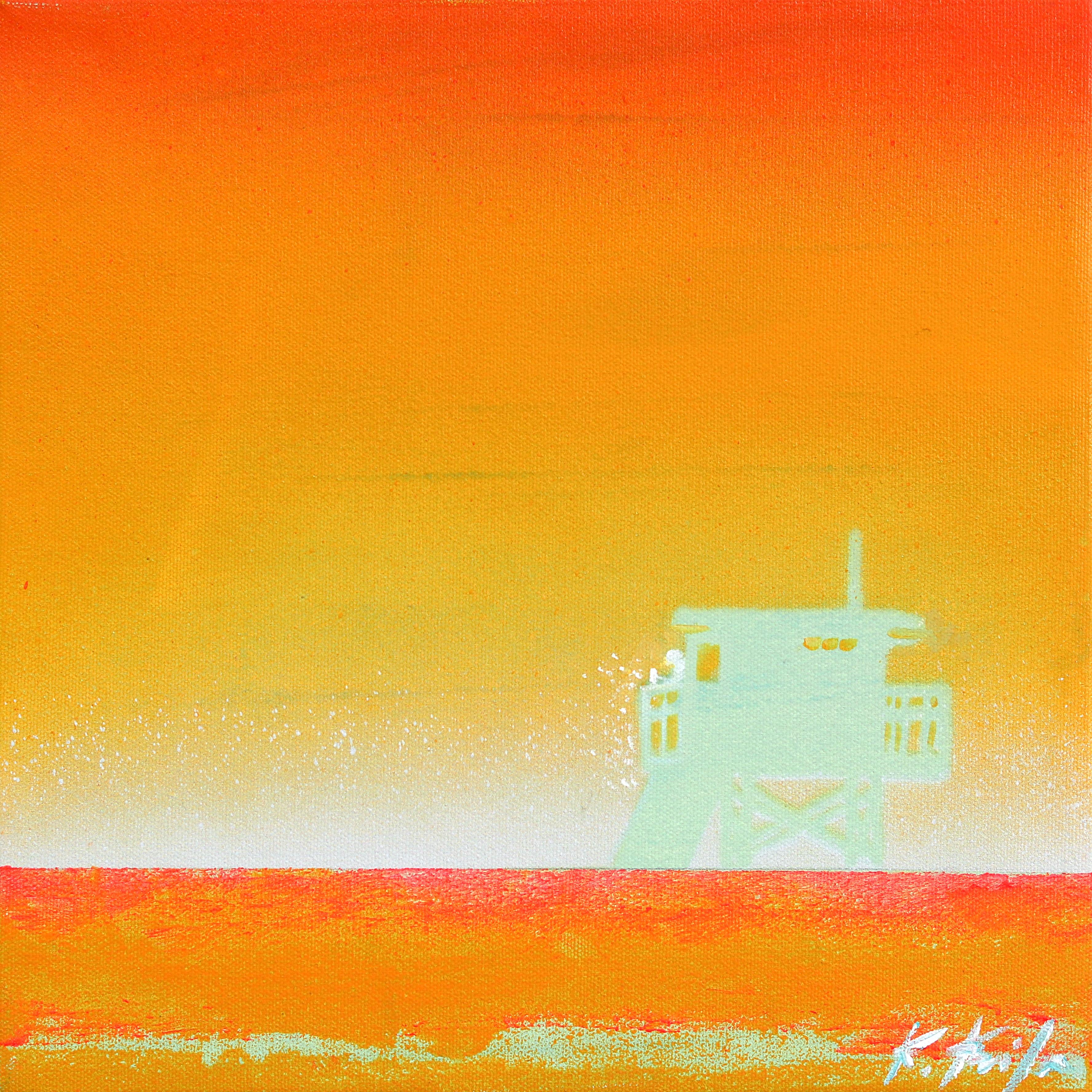 Abstract Painting Kathleen Keifer - Lala Land II - Orange Vibrant Sunset Lifeguard Stand on Beach - Peinture originale