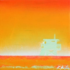 Lala Land II - Orange Vibrant Sunset Lifeguard Stand on Beach Original Painting