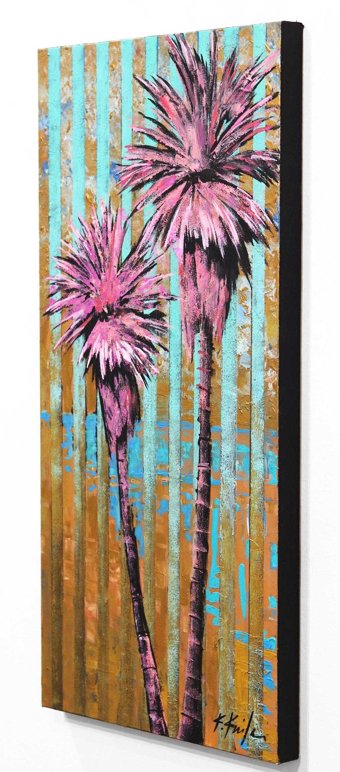 Palmeras Lollipop - Paisaje Obra de Arte Original Palmeras Rosas - Figurative Painting Negro de Kathleen Keifer