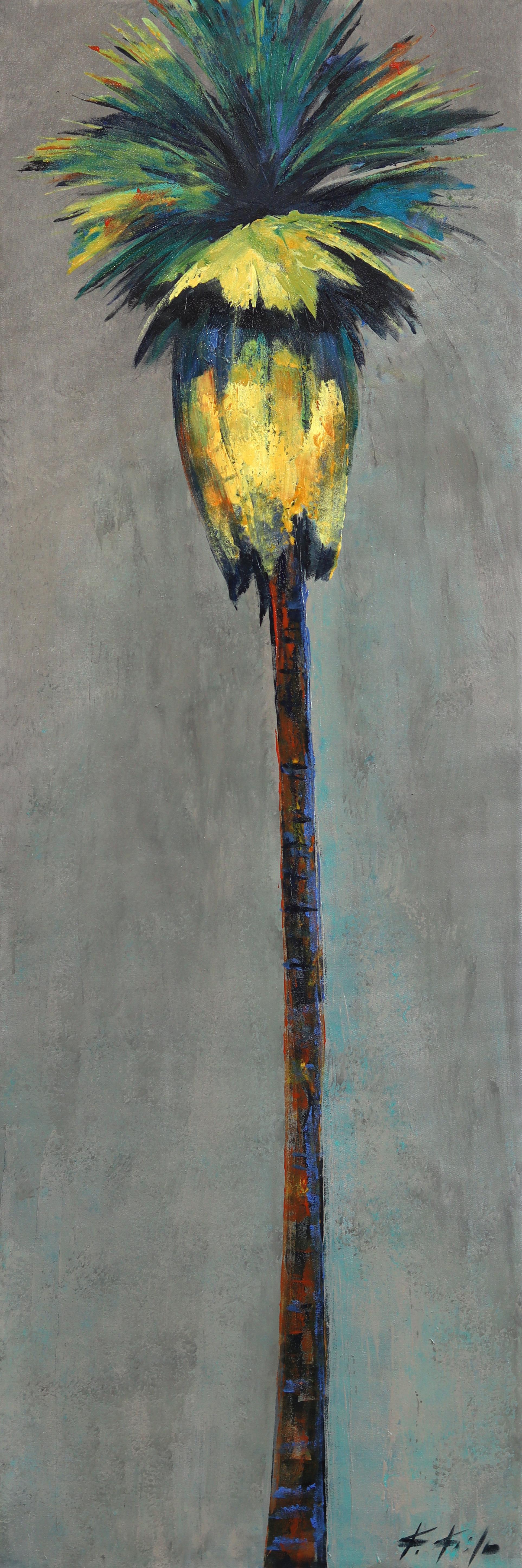 Kathleen Keifer Landscape Painting - May Morning Palm - Gray Foggy Abstract Palm Tree Still Life Acrylic Painting