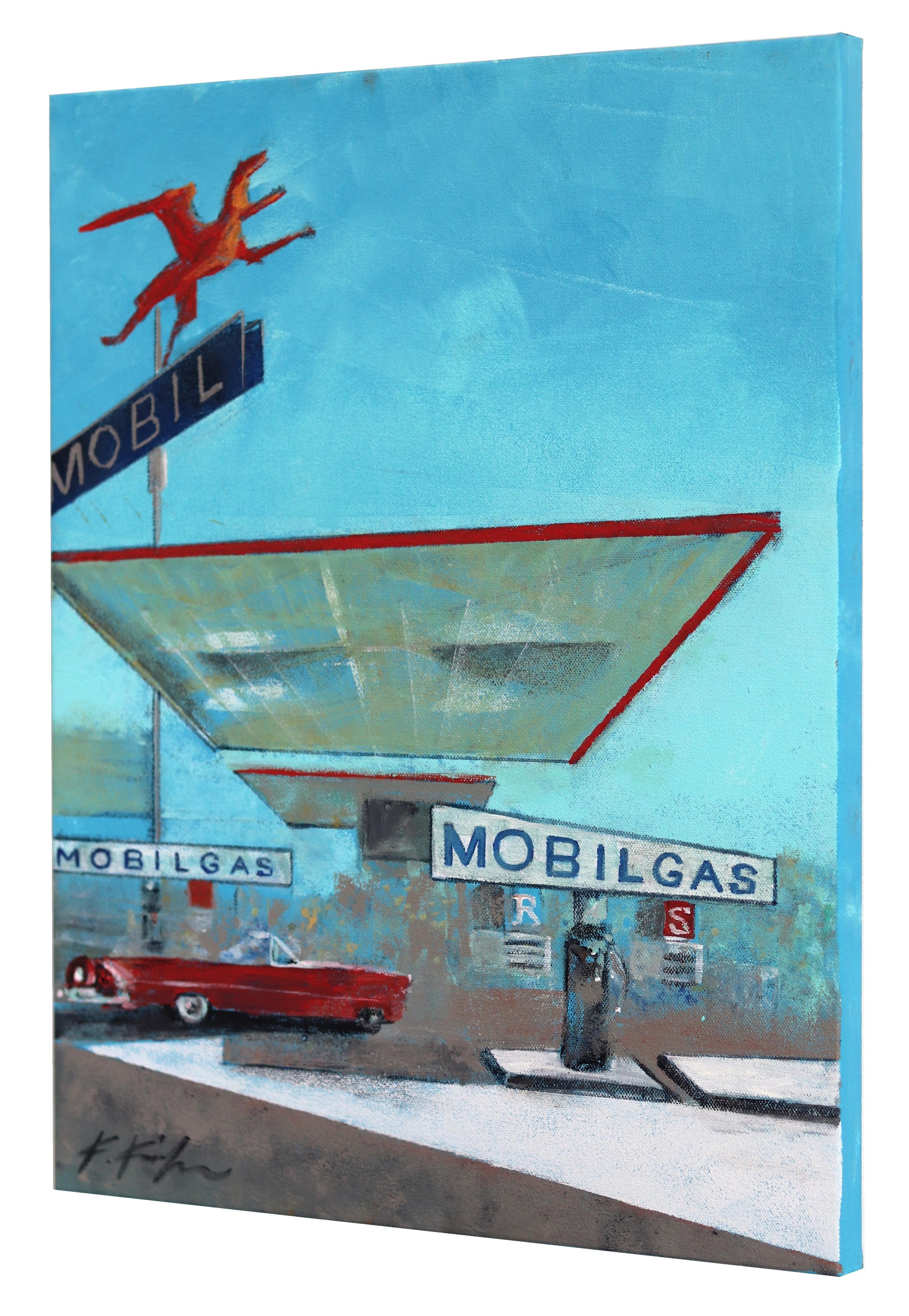 Mid Century Mobil Gas - Blue Abstract Painting by Kathleen Keifer