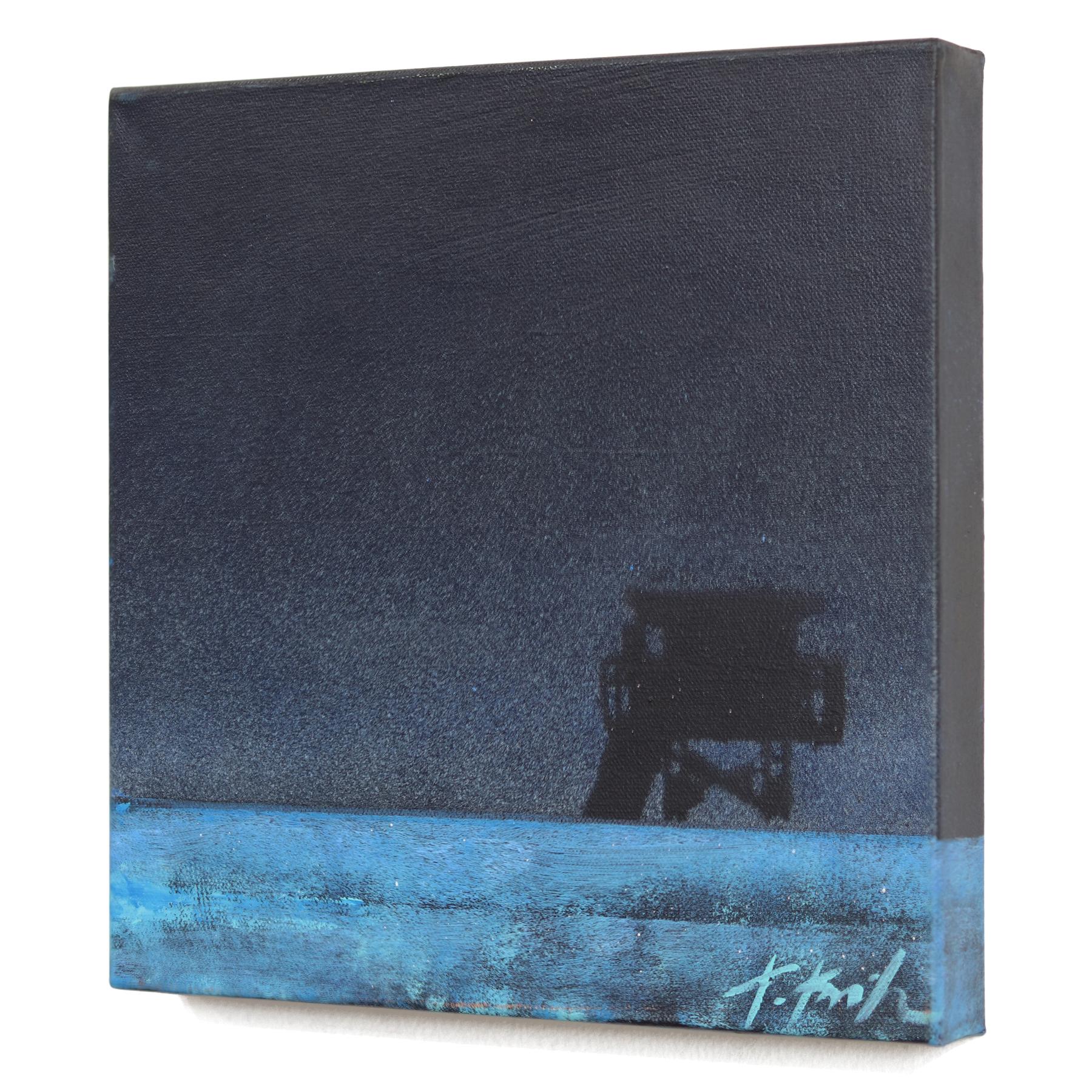 Midnight Electric - Bagnino blu in piedi sulla spiaggia Oceansacpe Pittura originale - Landscape Painting Nero di Kathleen Keifer