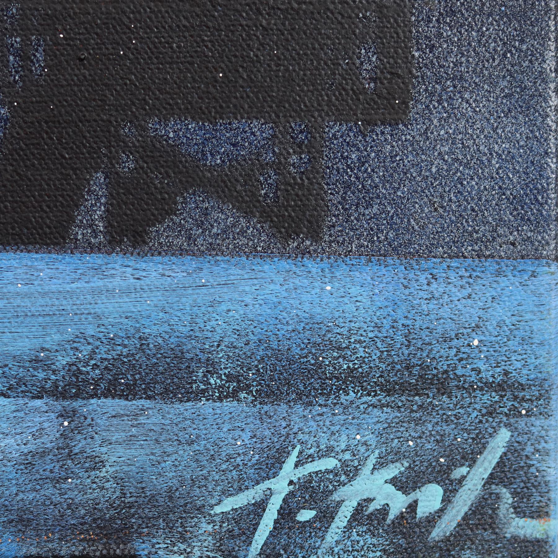 Midnight Electric - Bagnino blu in piedi sulla spiaggia Oceansacpe Pittura originale in vendita 3