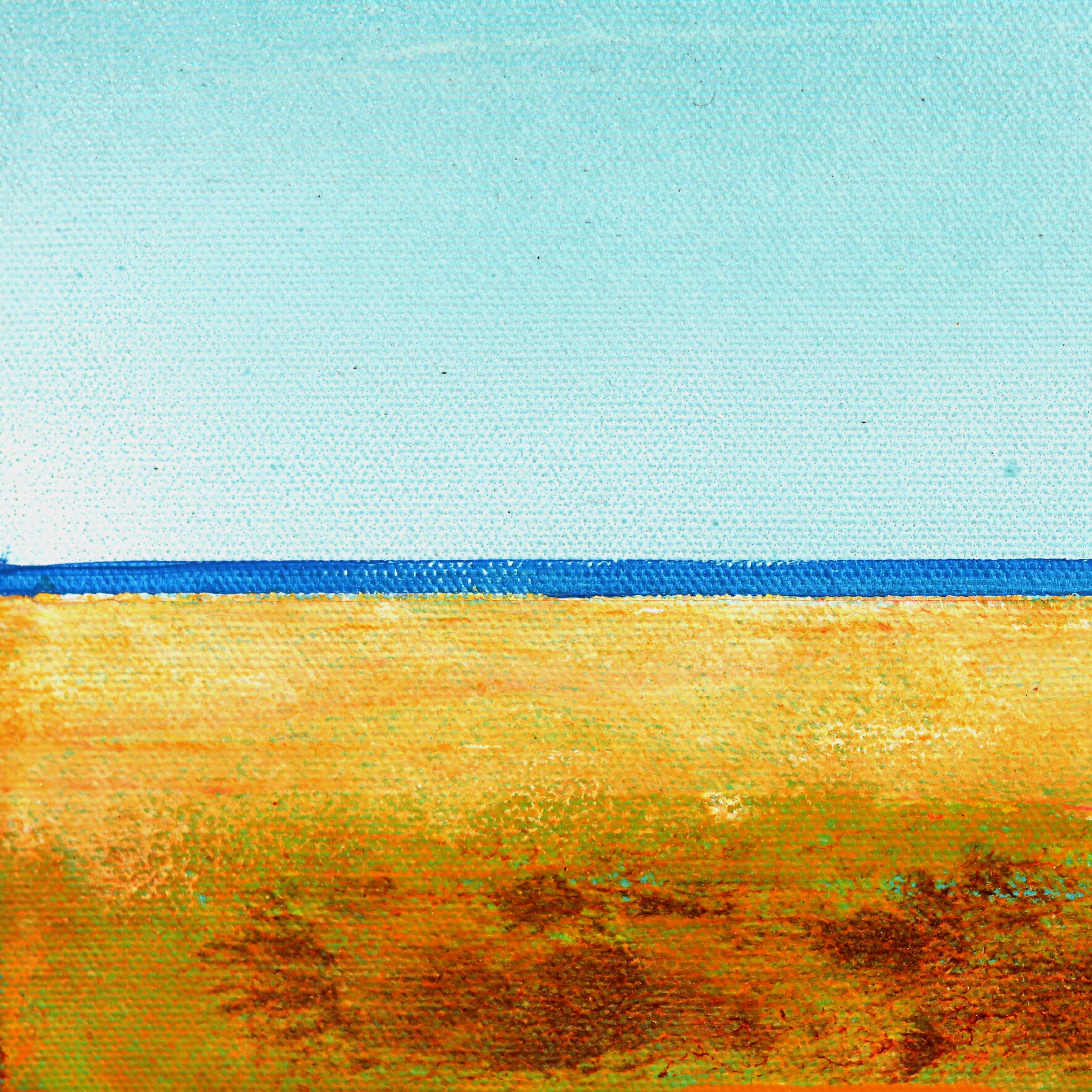 Off The Grid - Bagnino blu in piedi sulla spiaggia Pittura originale con paesaggio oceanico - Painting Astratto di Kathleen Keifer