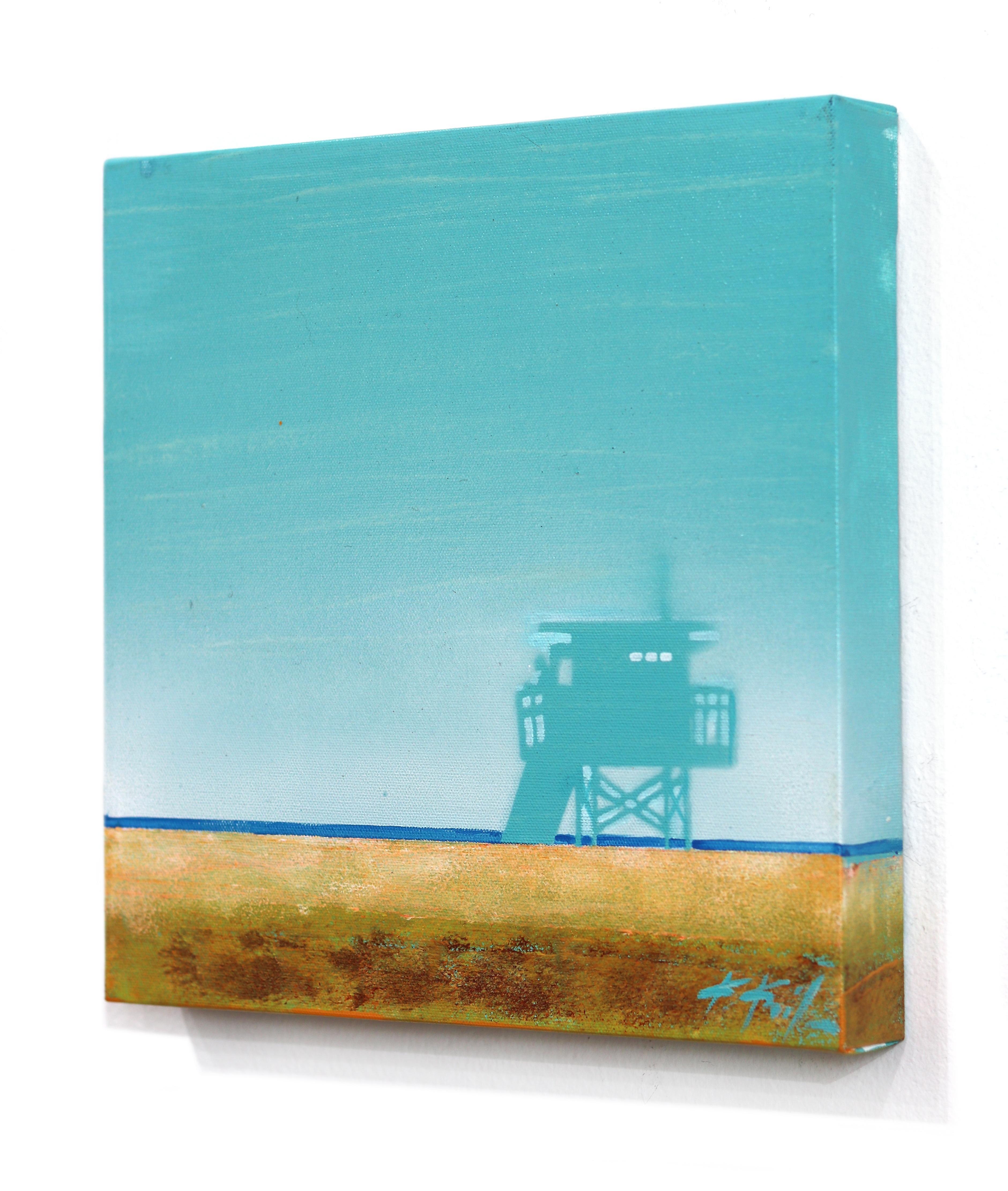 Off The Grid - Bagnino blu in piedi sulla spiaggia Pittura originale con paesaggio oceanico - Landscape Painting Blu di Kathleen Keifer
