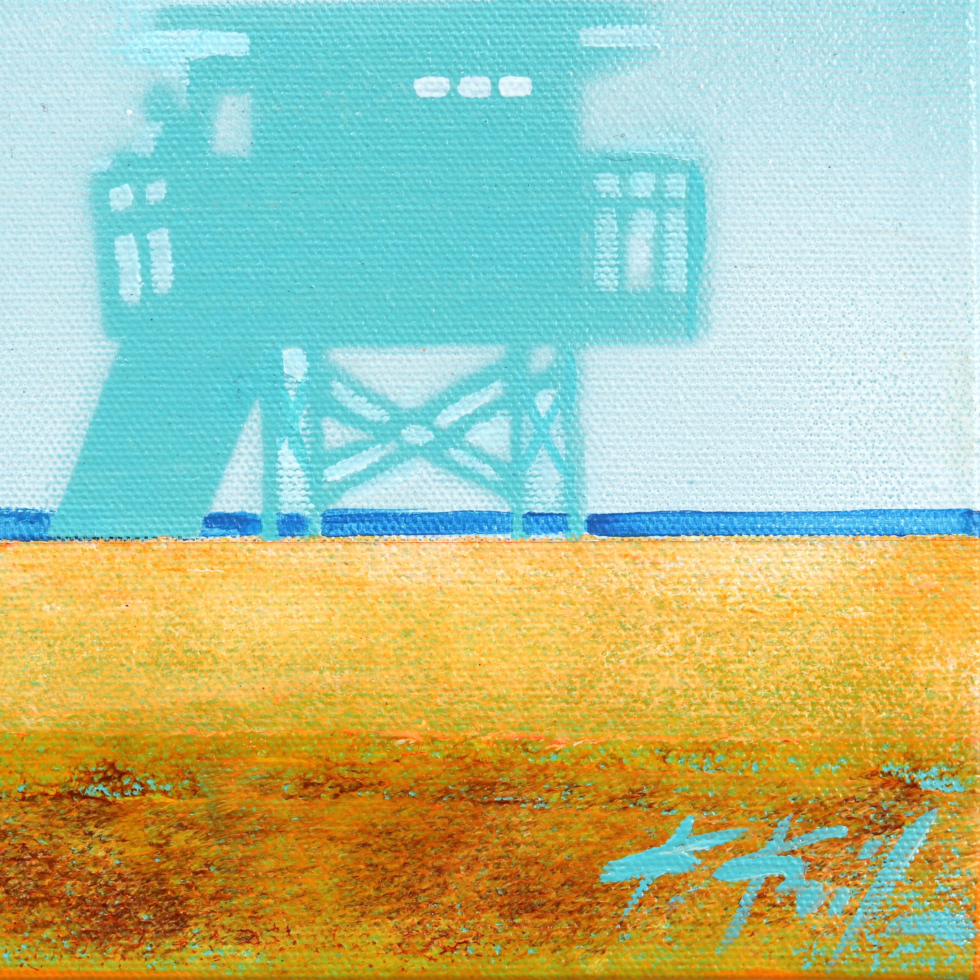 Off The Grid - Bagnino blu in piedi sulla spiaggia Pittura originale con paesaggio oceanico in vendita 3