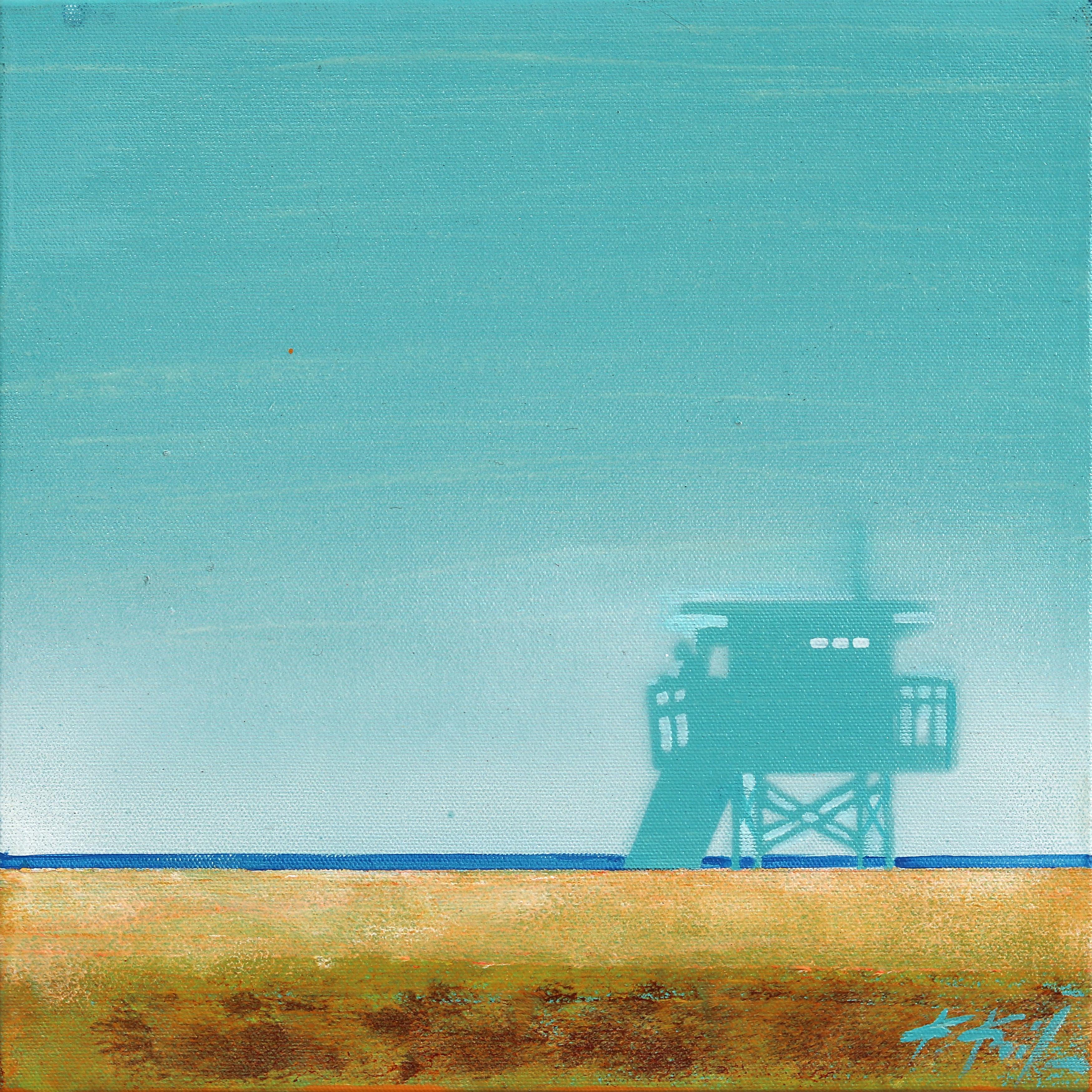 Landscape Painting di Kathleen Keifer - Off The Grid - Bagnino blu in piedi sulla spiaggia Pittura originale con paesaggio oceanico