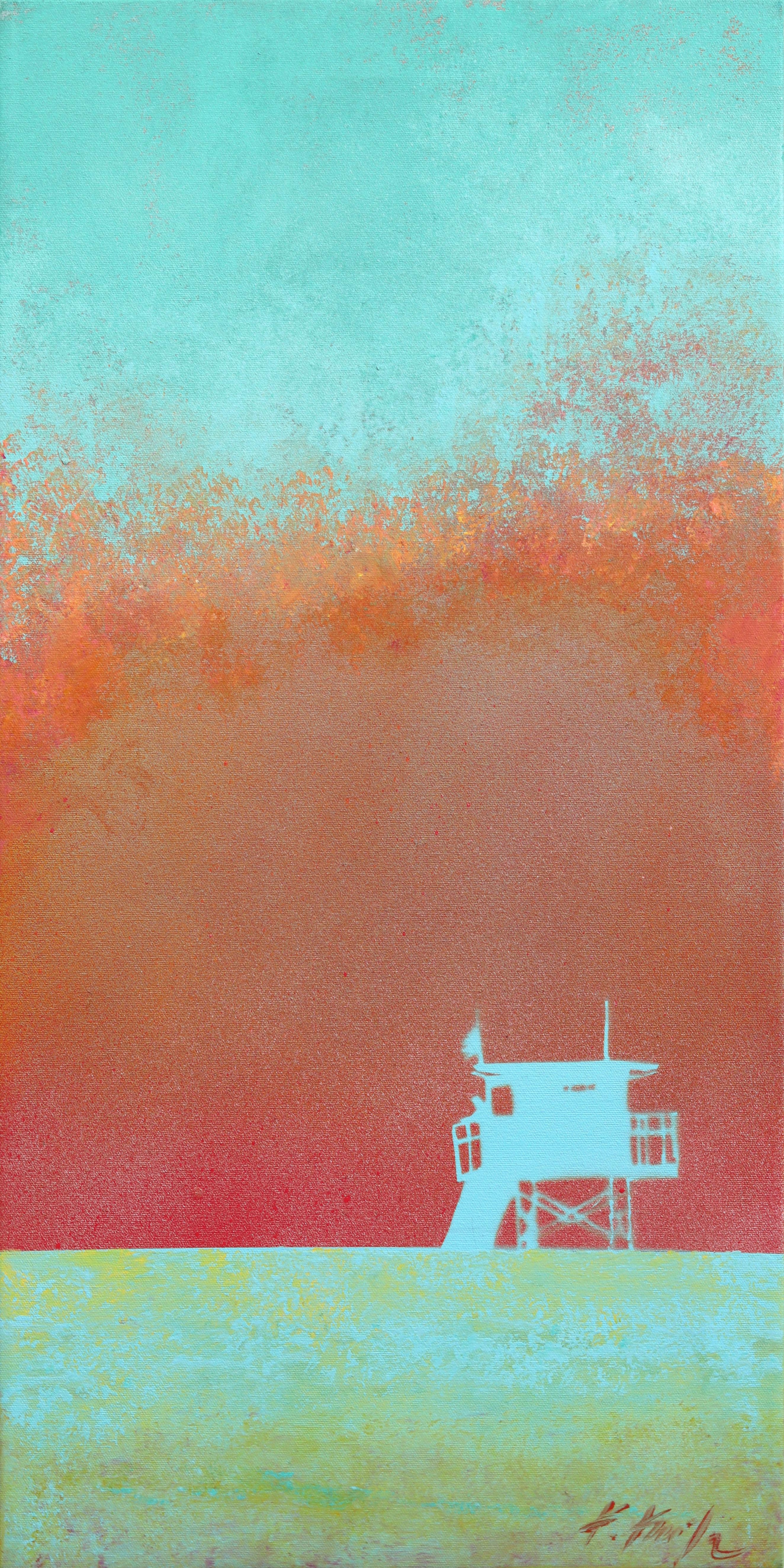 Kathleen Keifer Still-Life Painting - Orange Summer Haze - Abstract Vibrant Beach Scene Still Life Acrylic Painting