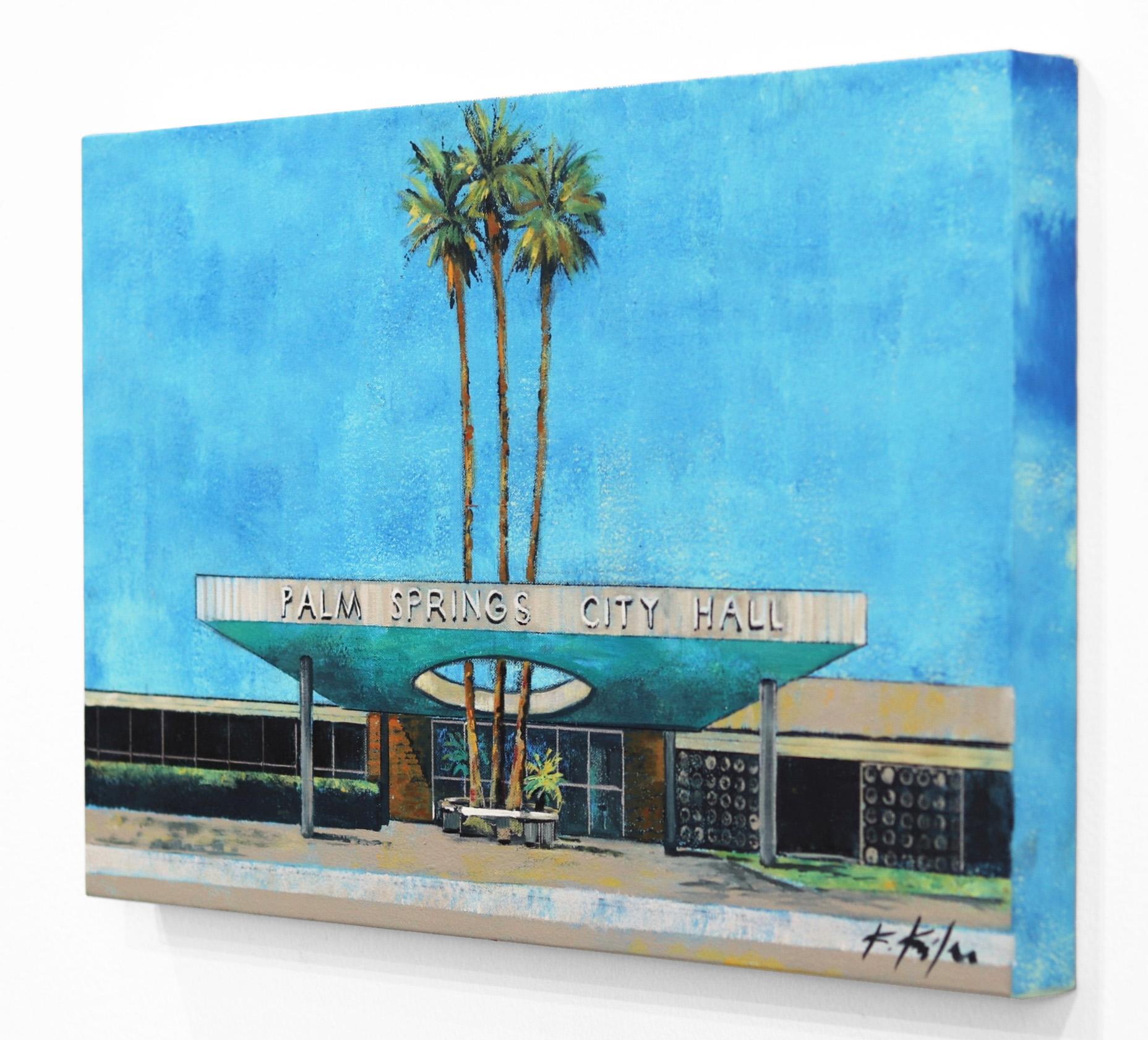 City Hall de Palm Springs - Bleu Landscape Painting par Kathleen Keifer