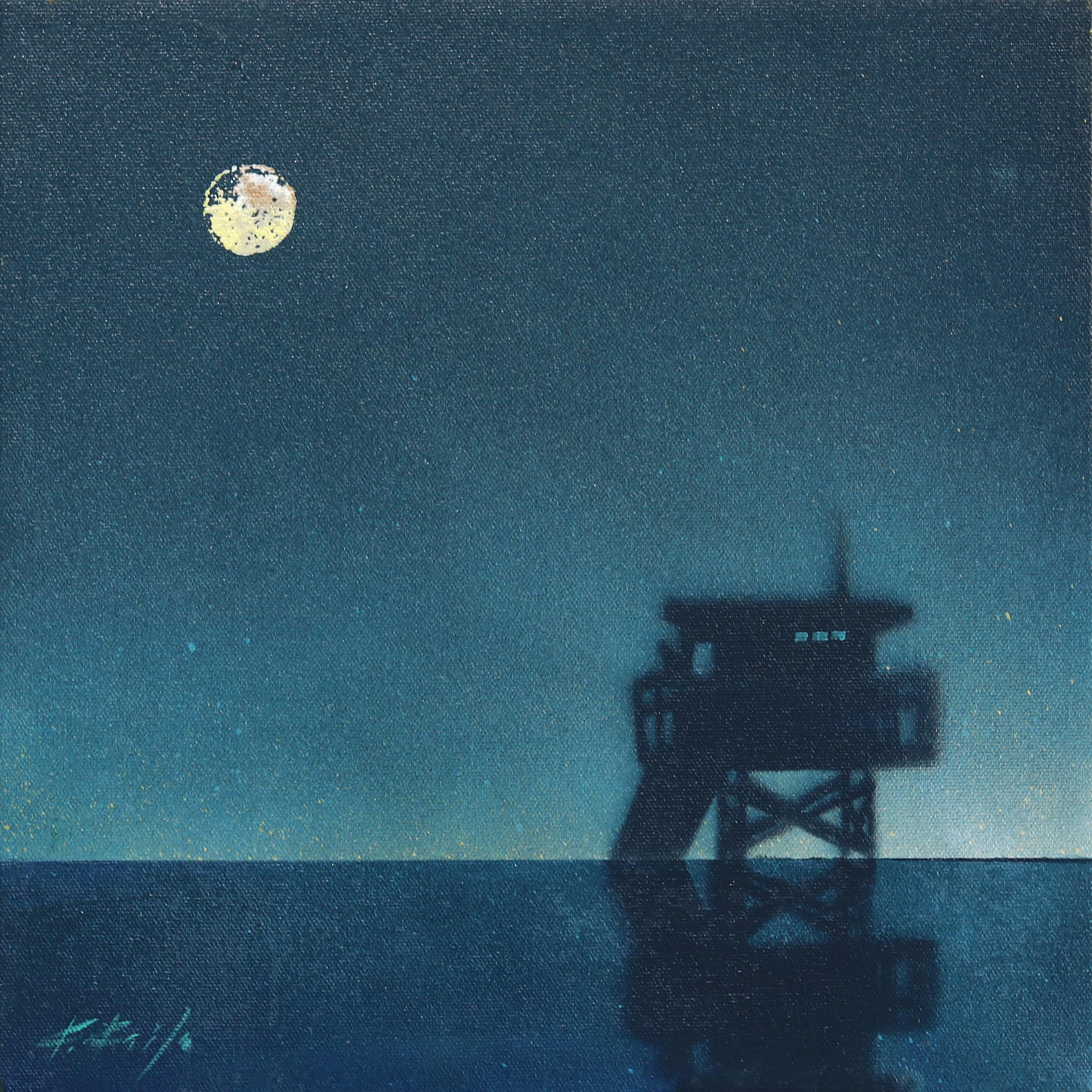 Abstract Painting Kathleen Keifer - Clair de lune - Stand de sauvetage sur la plage Peinture originale de paysage océanique
