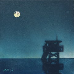 Clair de lune - Stand de sauvetage sur la plage Peinture originale de paysage océanique