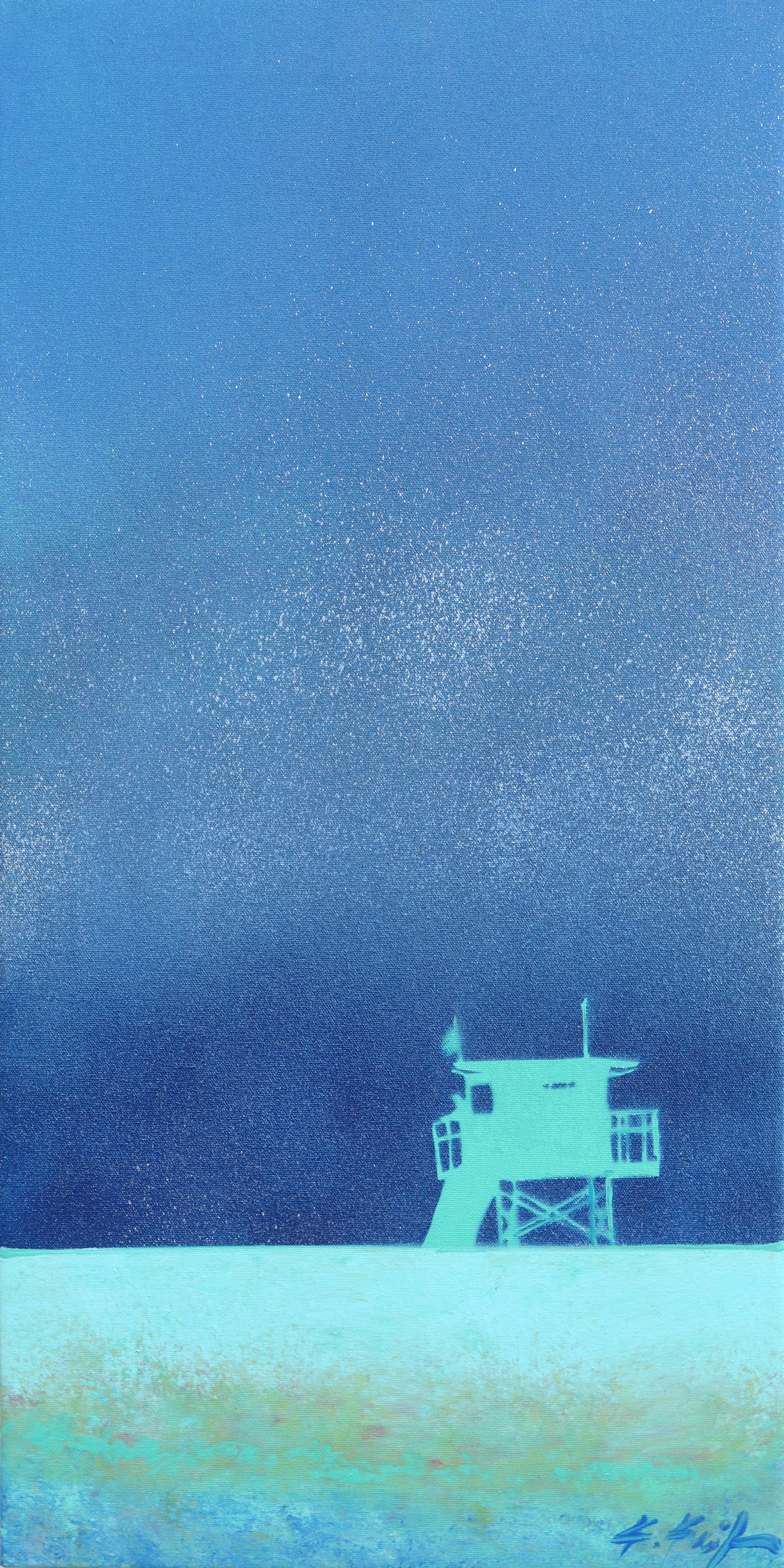 Landscape Painting di Kathleen Keifer - Salt Air - Pittura acrilica astratta con toni blu, scena di spiaggia rovesciata, natura morta