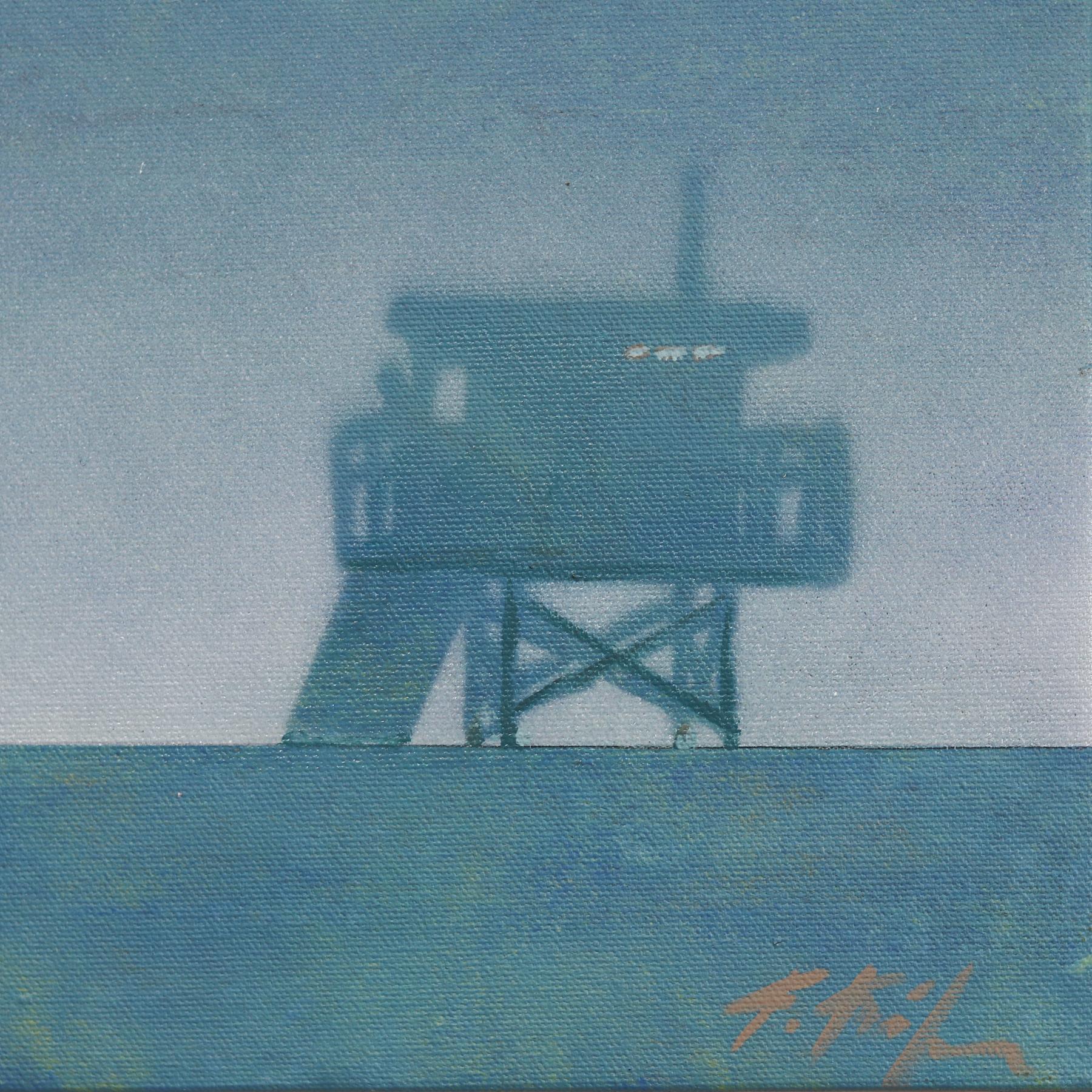 Soft Blue Beach - Lifeguard Stand on Beach Original Oceanscape Painting For Sale 1