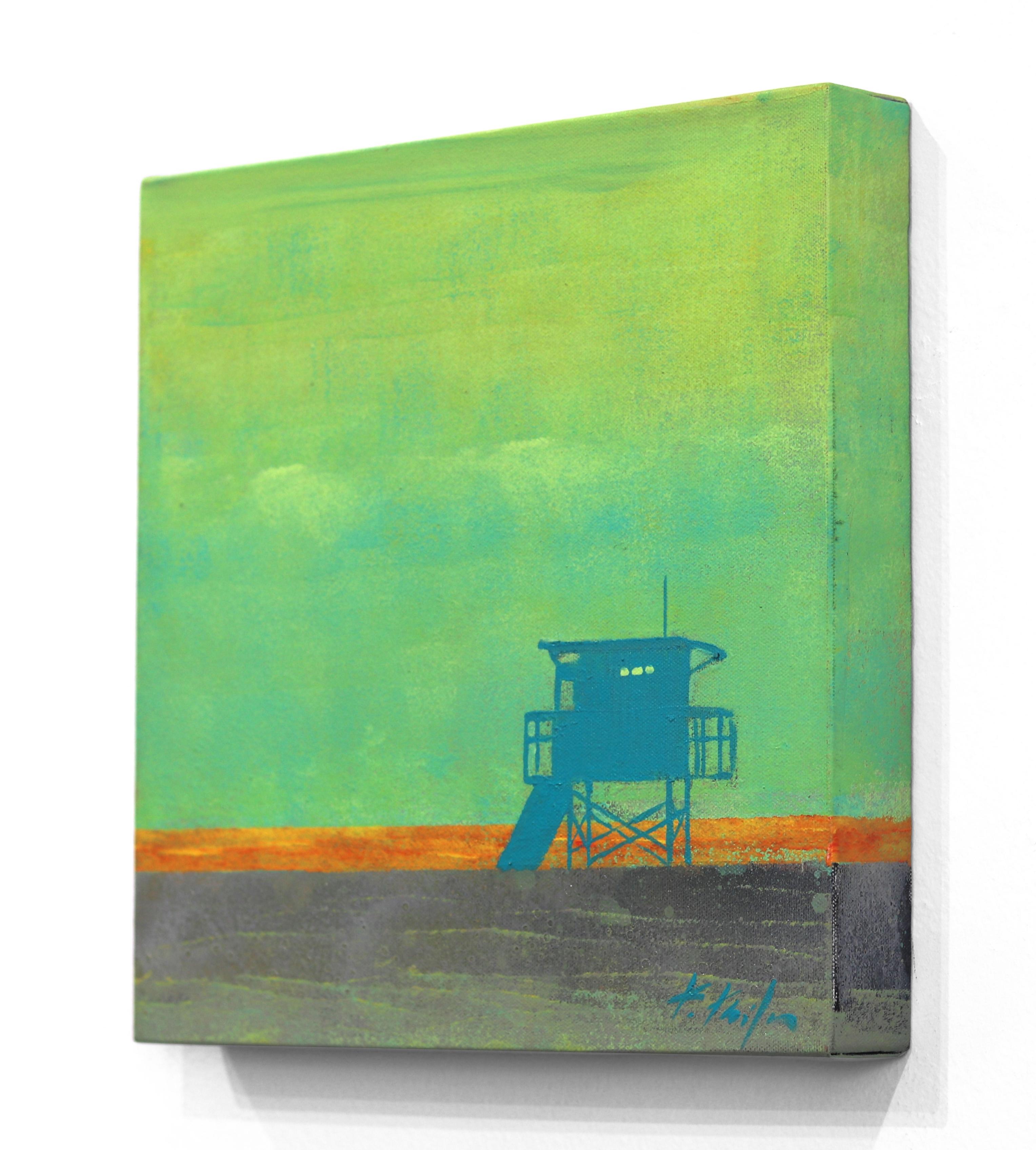 Summer Haze - Lifeguard Stand on Beach Original Pop Art Oceanscape Sky Painting For Sale 2