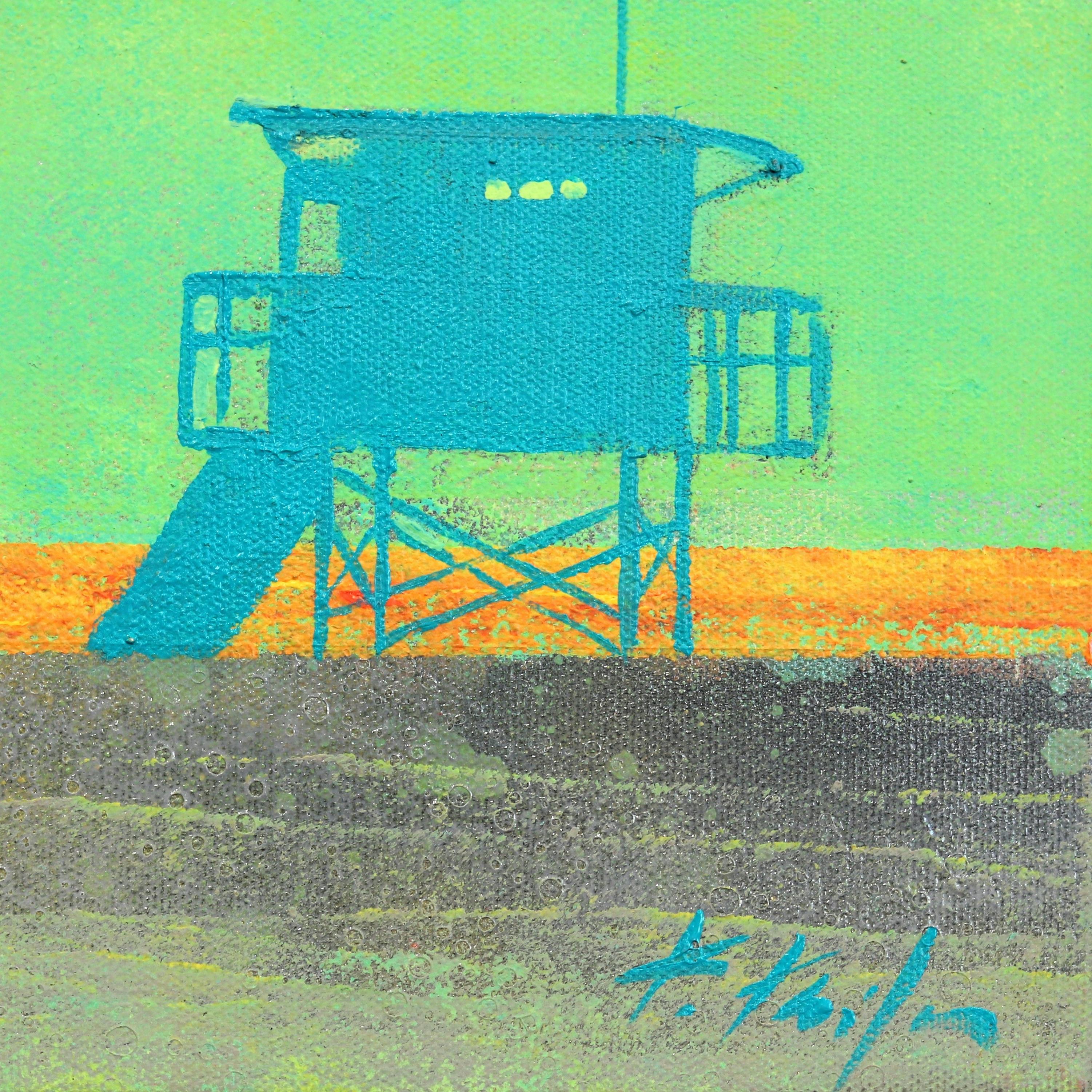 Peinture Pop Art originale d'un paysage océanique - Summer Haze - Lifeguard Stand on Beach en vente 4