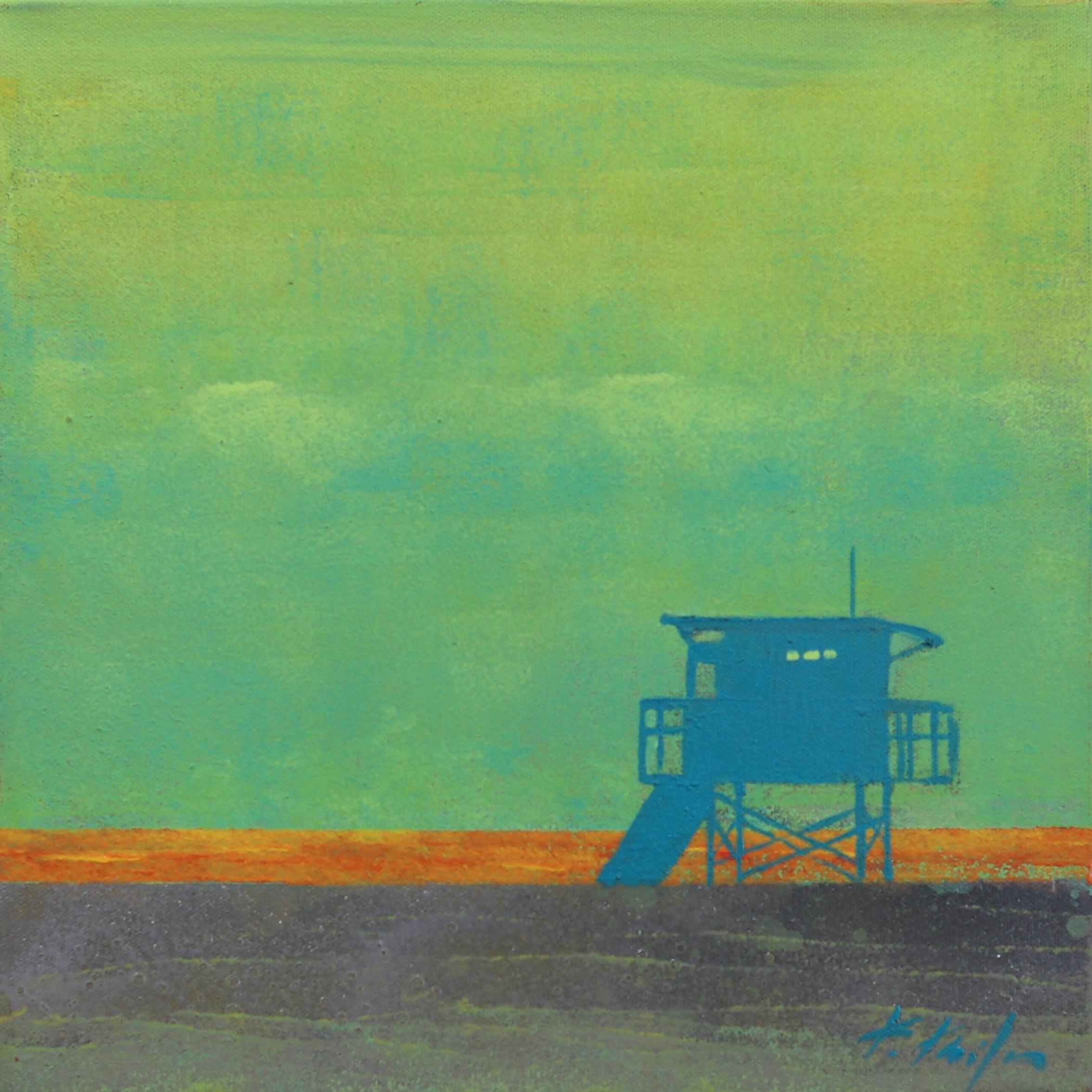 Kathleen Keifer Abstract Painting - Summer Haze - Lifeguard Stand on Beach Original Pop Art Oceanscape Sky Painting