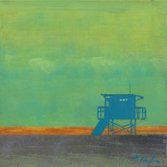 Peinture Pop Art originale d'un paysage océanique - Summer Haze - Lifeguard Stand on Beach