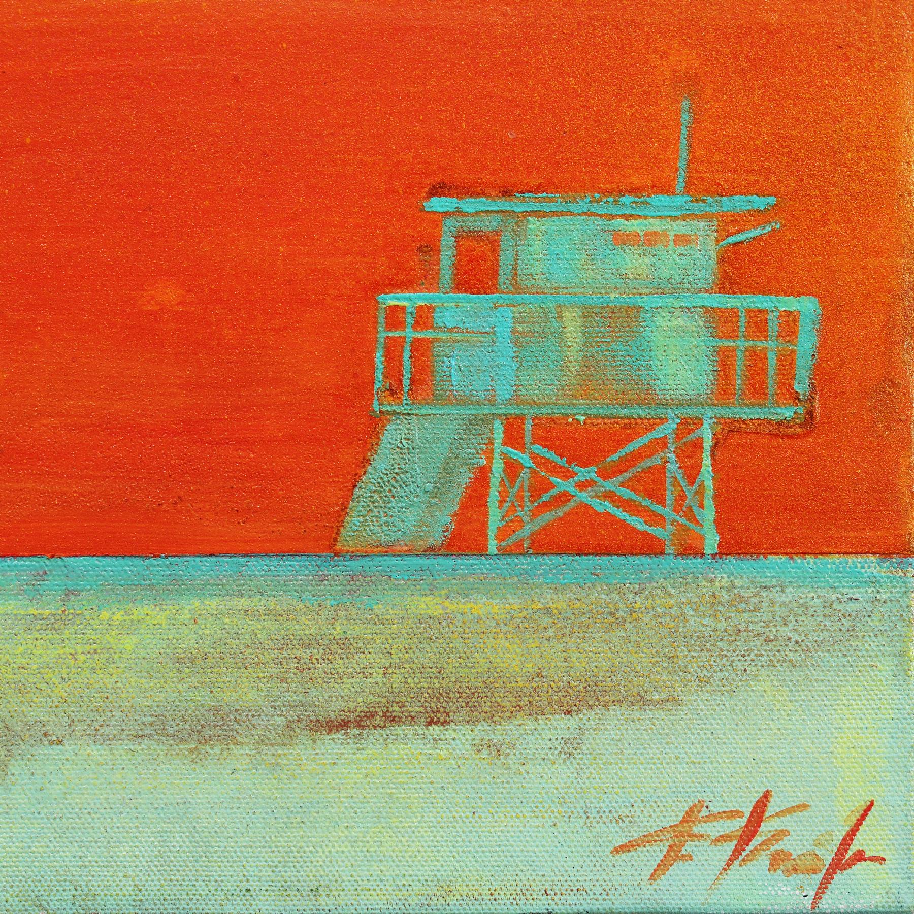 Lever de soleil en été - Stand des sauveteurs sur la plage Peinture originale de paysage océanique en vente 4