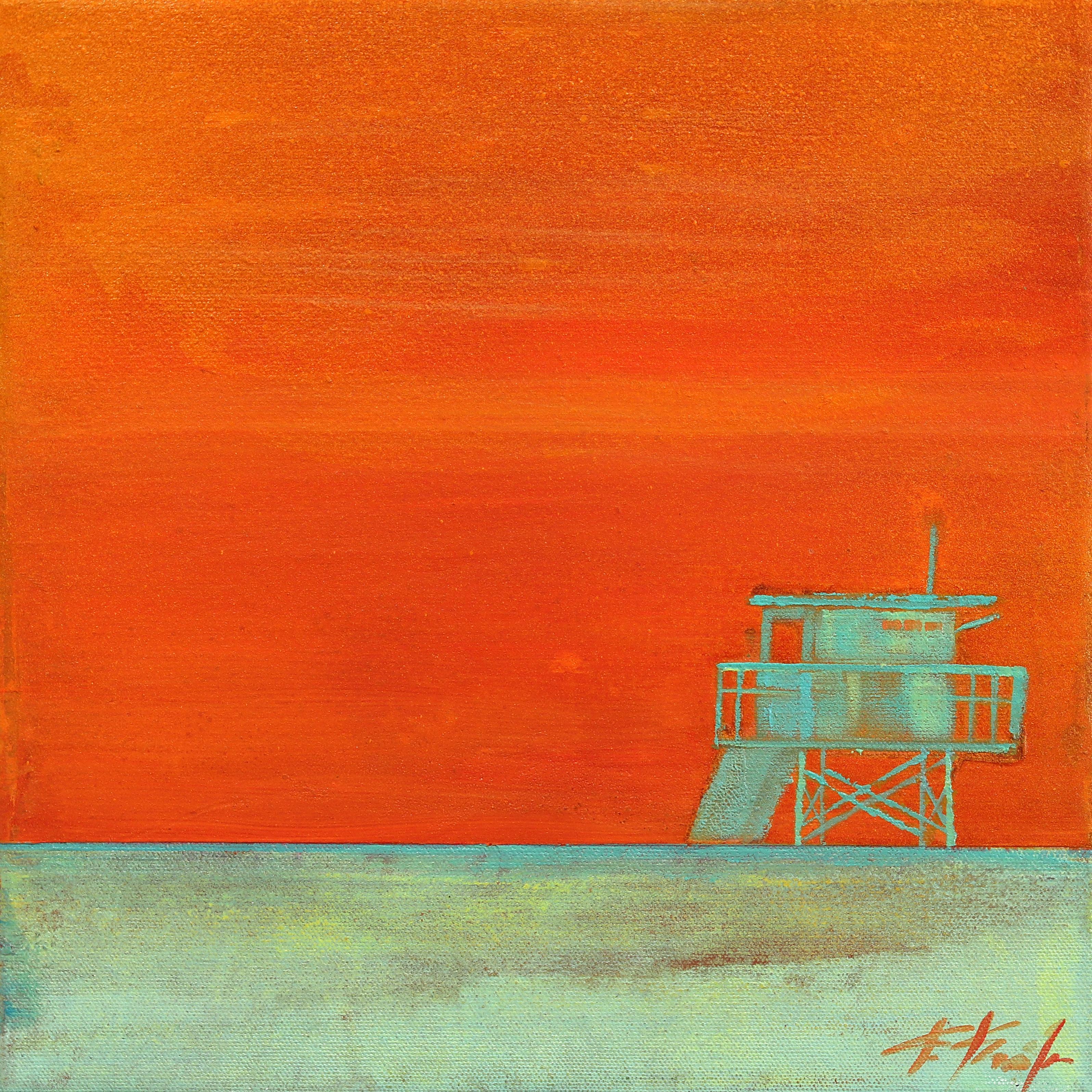 Landscape Painting Kathleen Keifer - Lever de soleil en été - Stand des sauveteurs sur la plage Peinture originale de paysage océanique