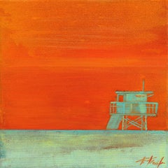 Sommer Sonnenaufgang - Rettungsschwimmer Stand am Strand Original Oceanscape Gemälde