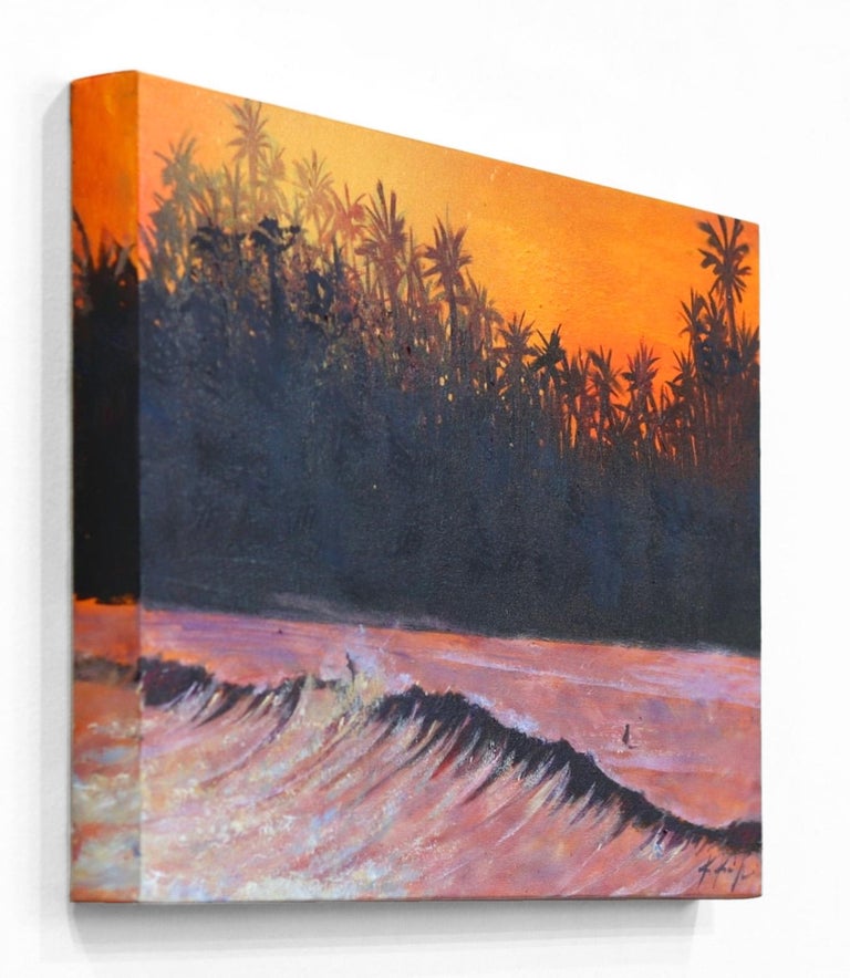 Sunset Surfing in Tahiti - Brown Landscape Painting by Kathleen Keifer