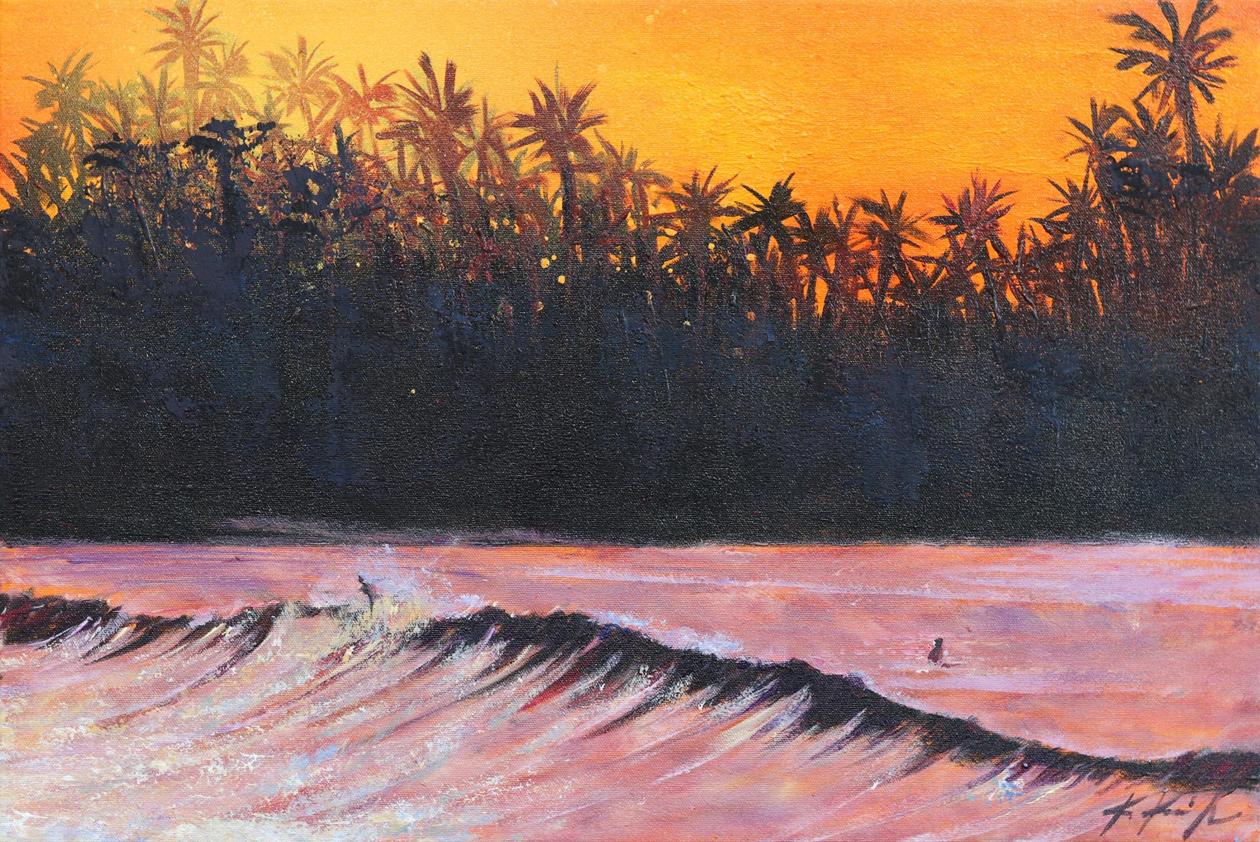 Kathleen Keifer Landscape Painting - Sunset Surfing in Tahiti