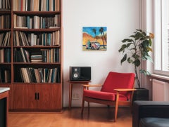 Sunset VW Van - Colorful California Beach Still Life Acrylic Painting on Canvas