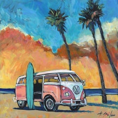 Sunset VW Van - Colorful California Beach Still Life Acrylic Painting on Canvas