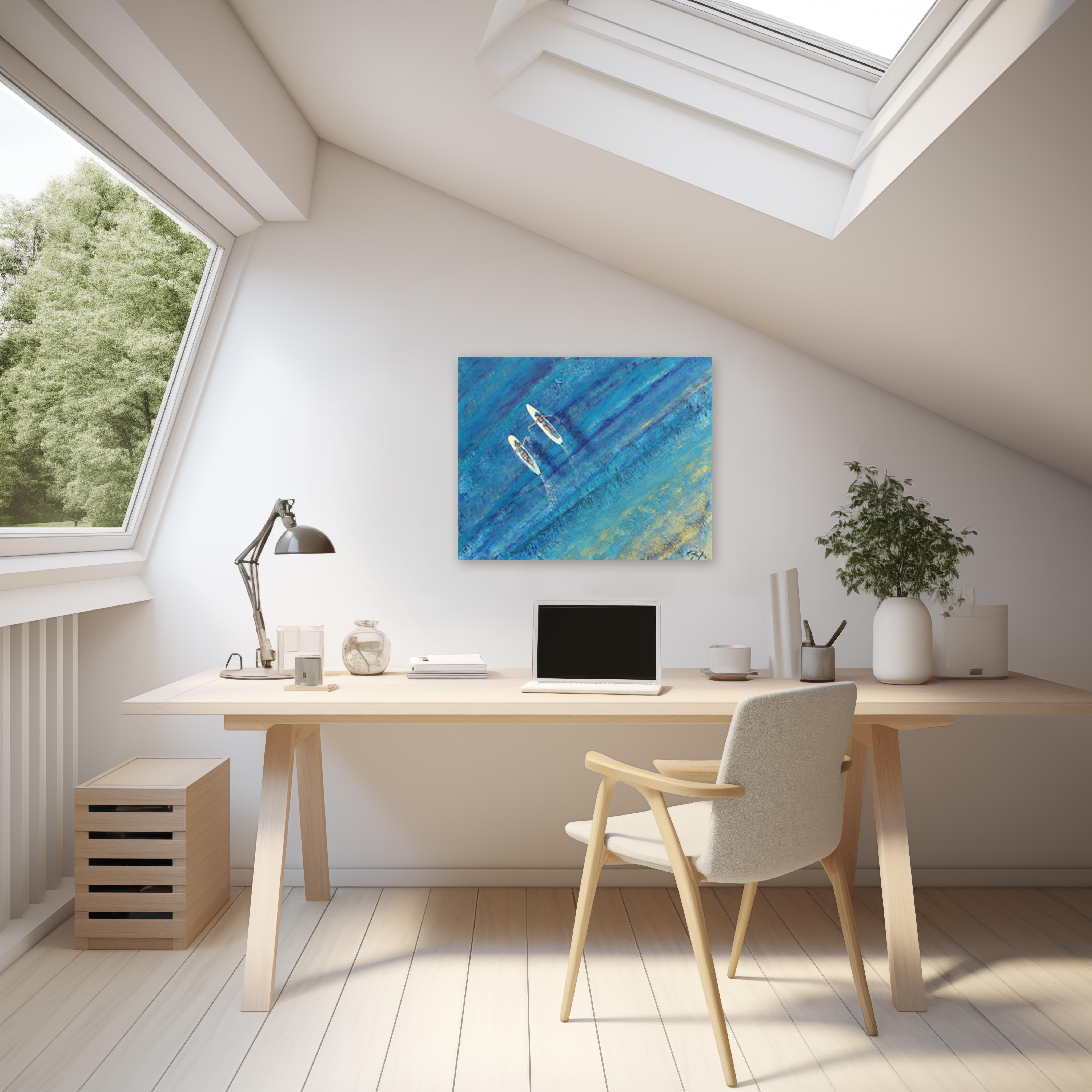 Surfin' USA - Original Abstrakt Figurative Surfer Mädchen Blauer Ozean Gemälde – Painting von Kathleen Keifer