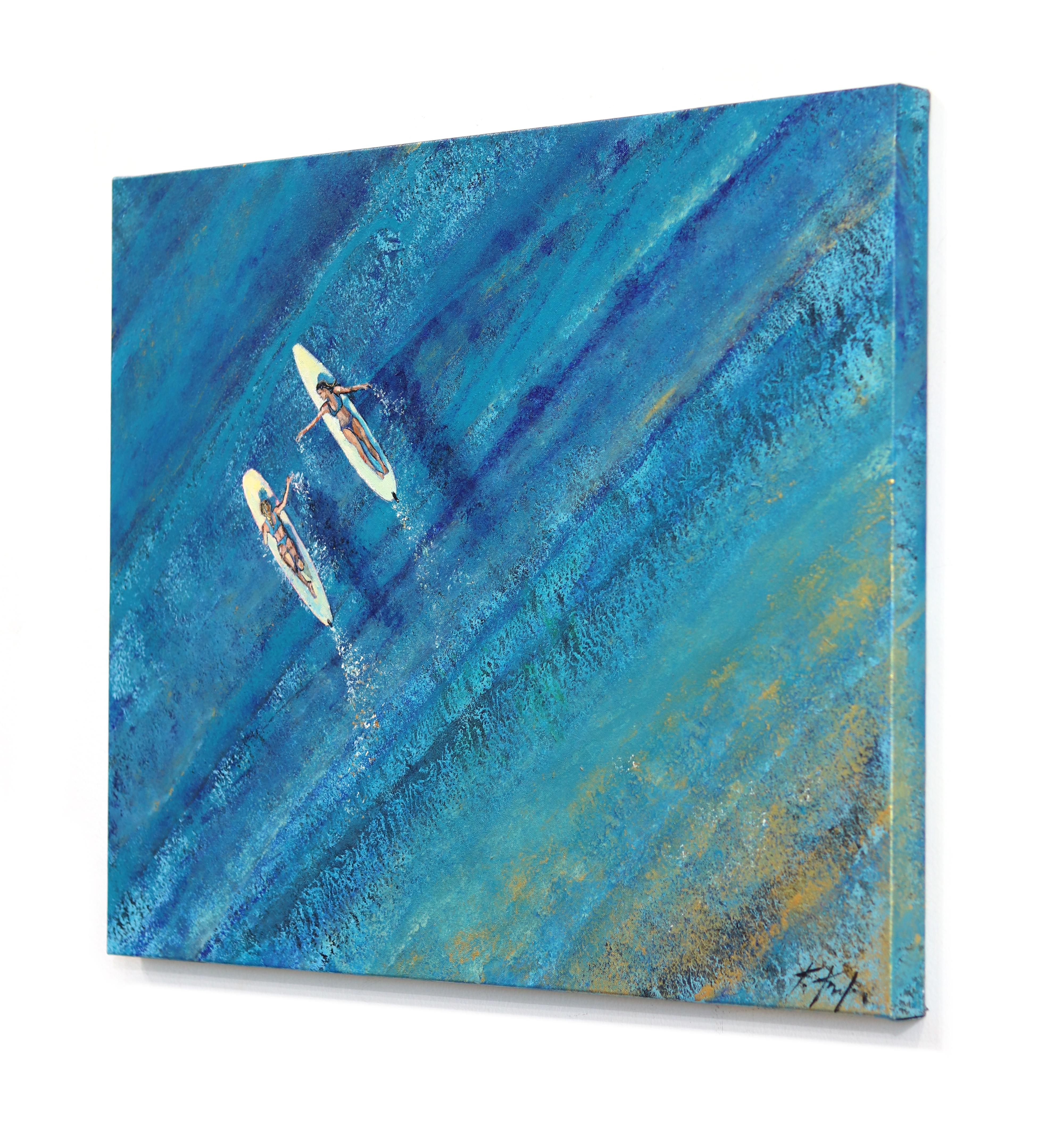Surfin' USA - Original Abstrakt Figurative Surfer Mädchen Blauer Ozean Gemälde im Angebot 1