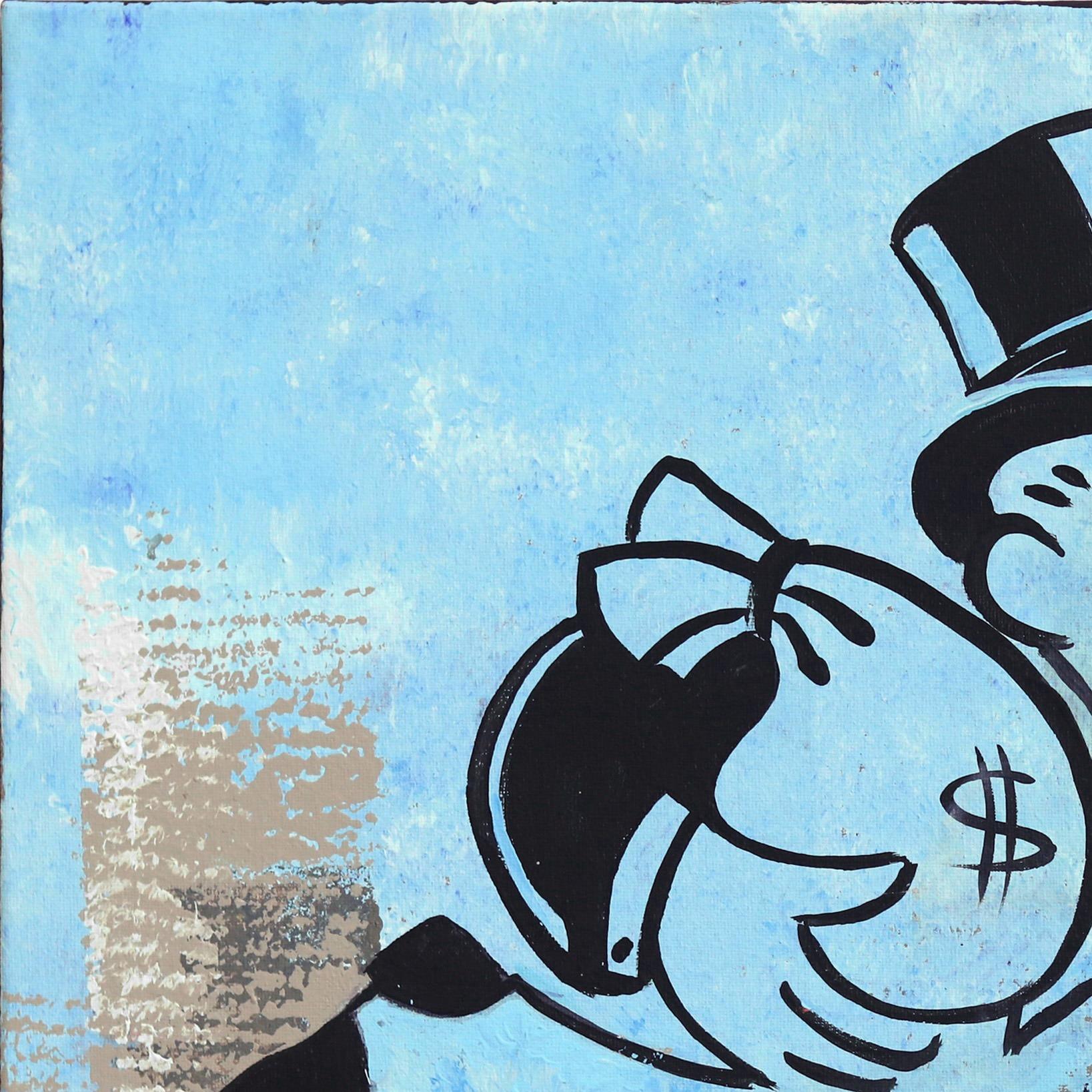 Take the Money and Run Fast - Pop-Art-Gemälde, Monopoly-Mann mit Erfolg (Blau), Interior Painting, von Kathleen Keifer