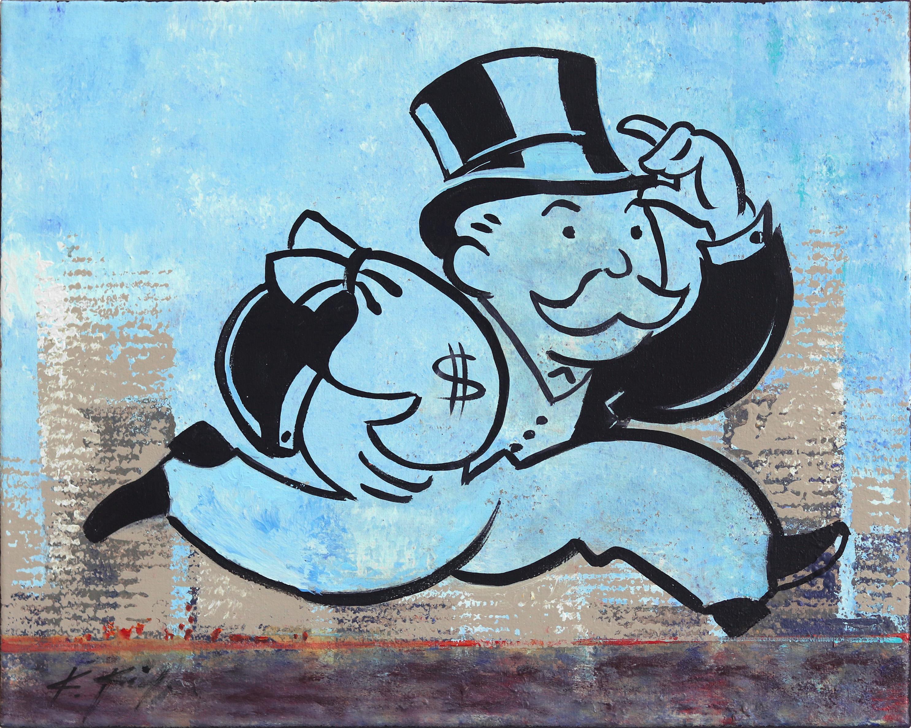 Kathleen Keifer Interior Painting – Take the Money and Run Fast - Pop-Art-Gemälde, Monopoly-Mann mit Erfolg