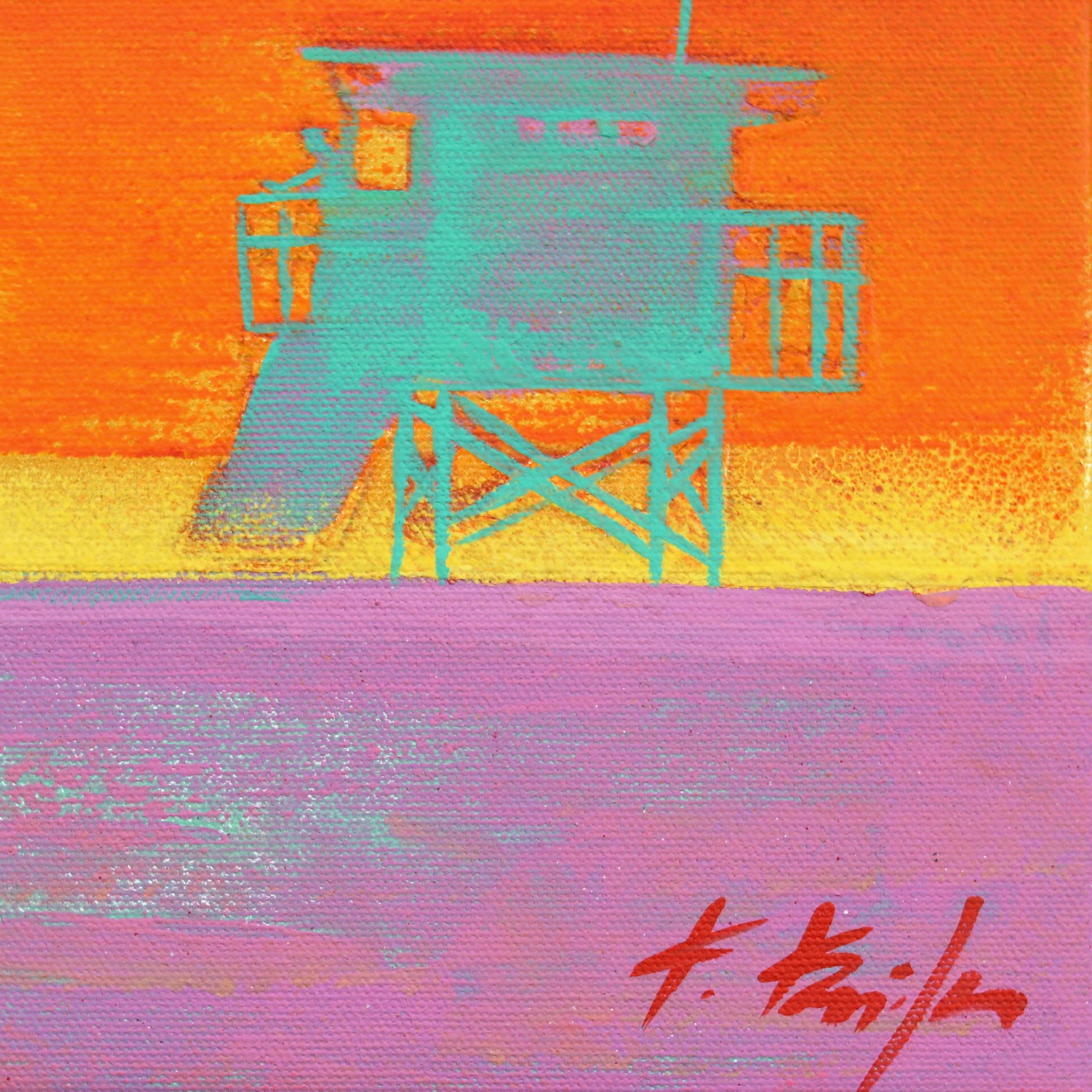 Tequila Sunrise - Stand Lifeguard on Beach - Paysage océanique Pop Art original  en vente 4