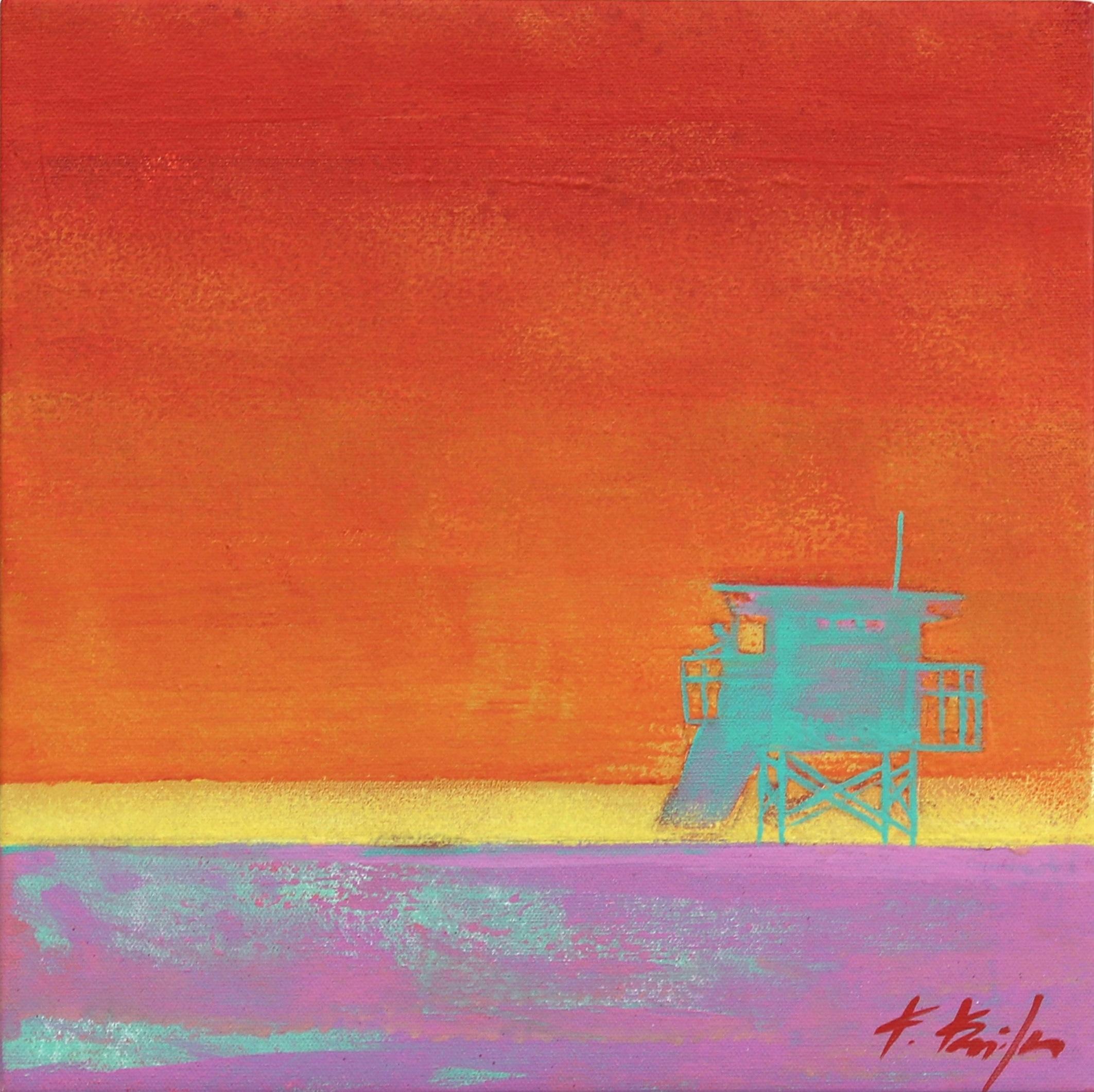 Landscape Painting Kathleen Keifer - Tequila Sunrise - Stand Lifeguard on Beach - Paysage océanique Pop Art original 