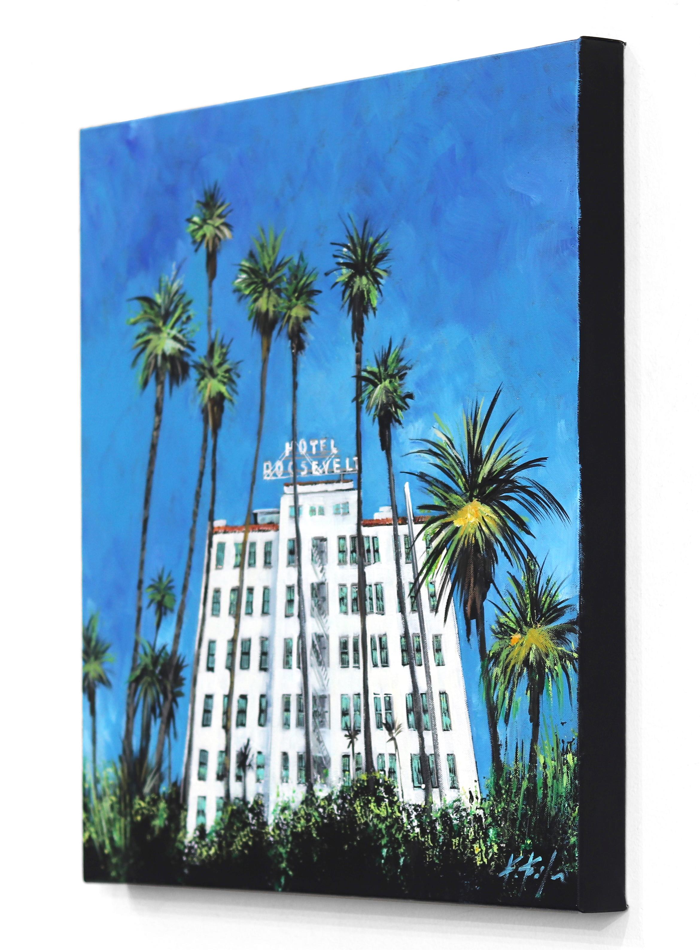 El Hollywood Roosevelt  -  Pintura original inspirada en la arquitectura icónica - Landscape Painting Azul de Kathleen Keifer