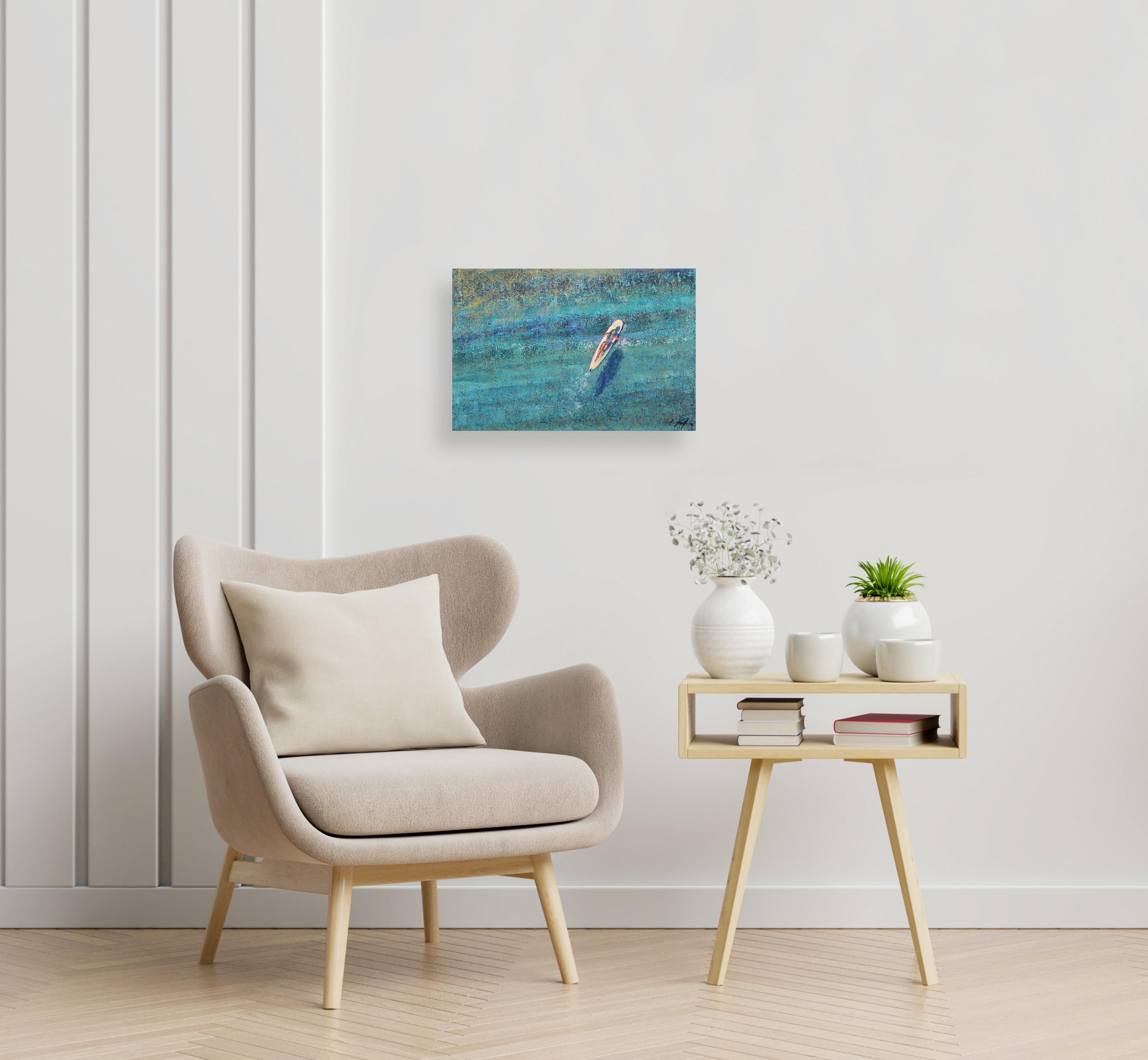 La Ola Perfecta - Pintura Original Abstracta Figurativa Chica Surfera Océano Azul en venta 2