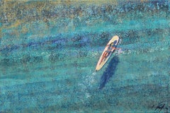 La Ola Perfecta - Pintura Original Abstracta Figurativa Chica Surfera Océano Azul