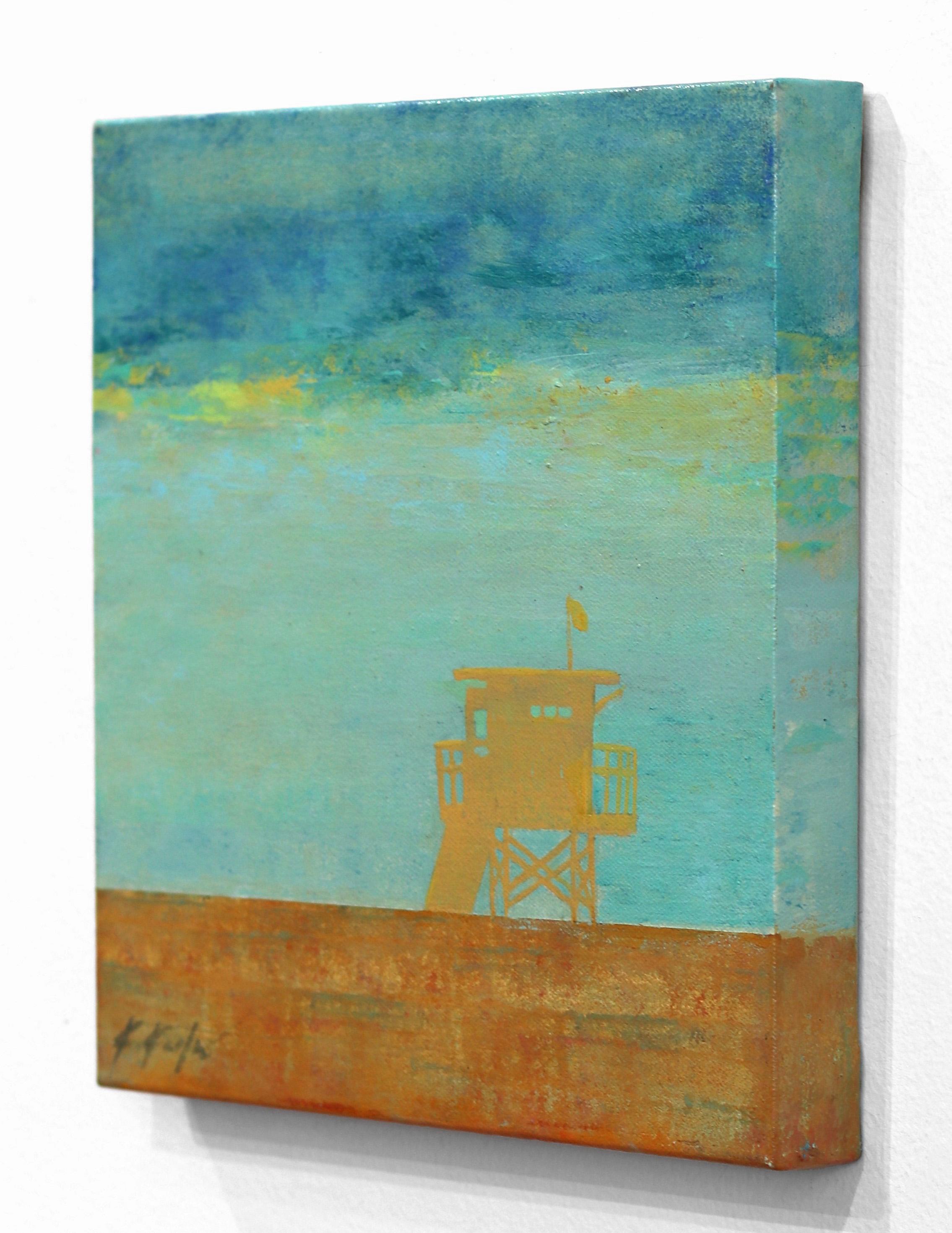 Tower Afterglow – Original Lifeguard Tower Beach Gemälde, Tower Afterglow (Blau), Landscape Painting, von Kathleen Keifer