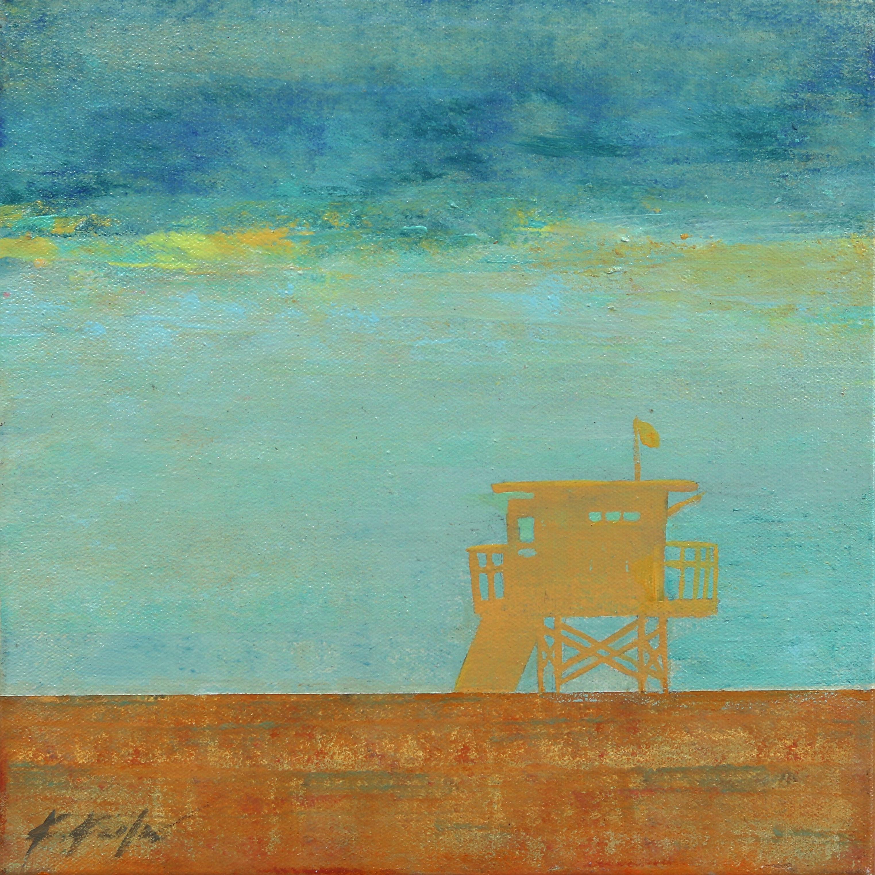 Kathleen Keifer Landscape Painting – Tower Afterglow – Original Lifeguard Tower Beach Gemälde, Tower Afterglow